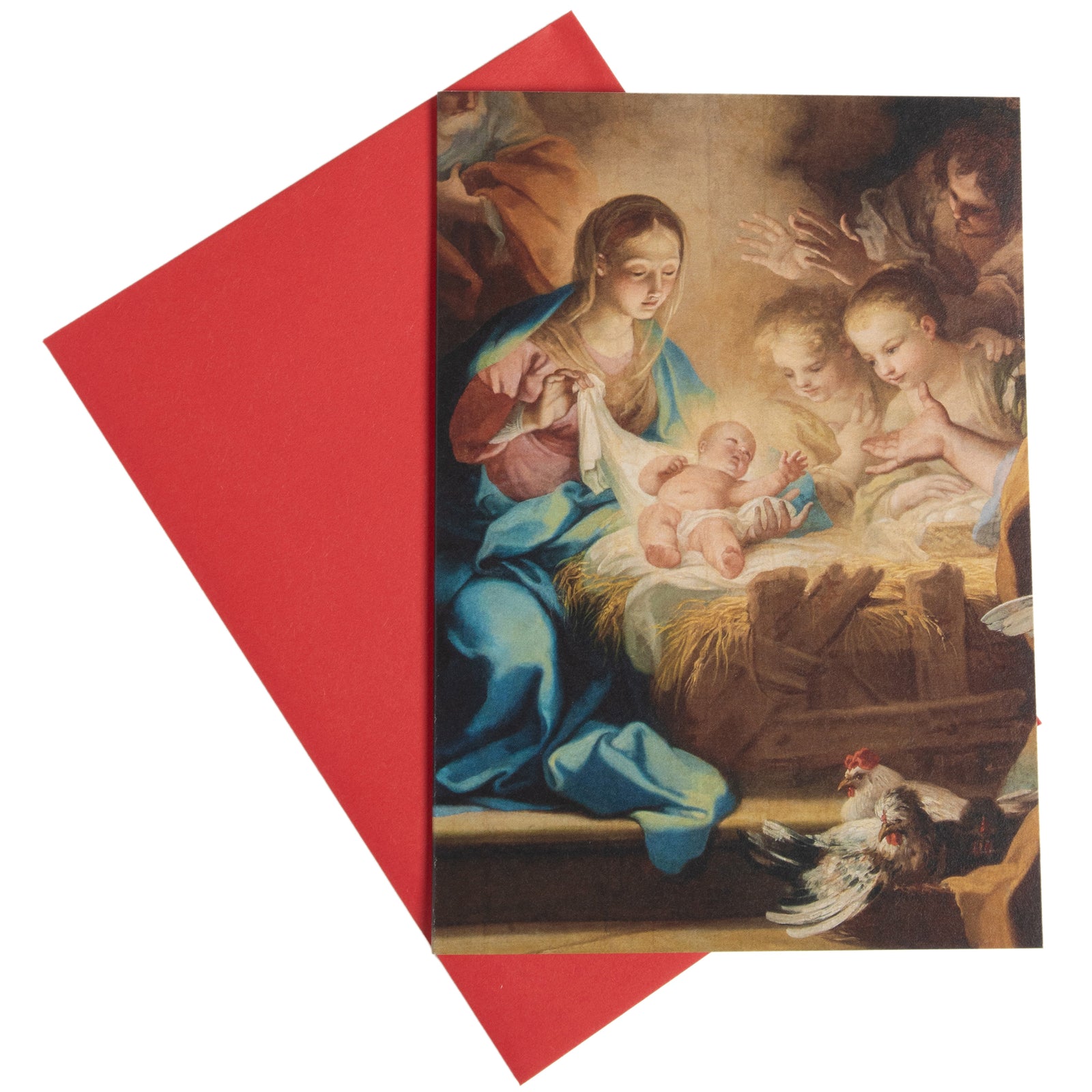 A holiday card featuring a printed detail from Sebastiano Conca's painting, 'The Adoration of the Shepherds', with a red envelope.