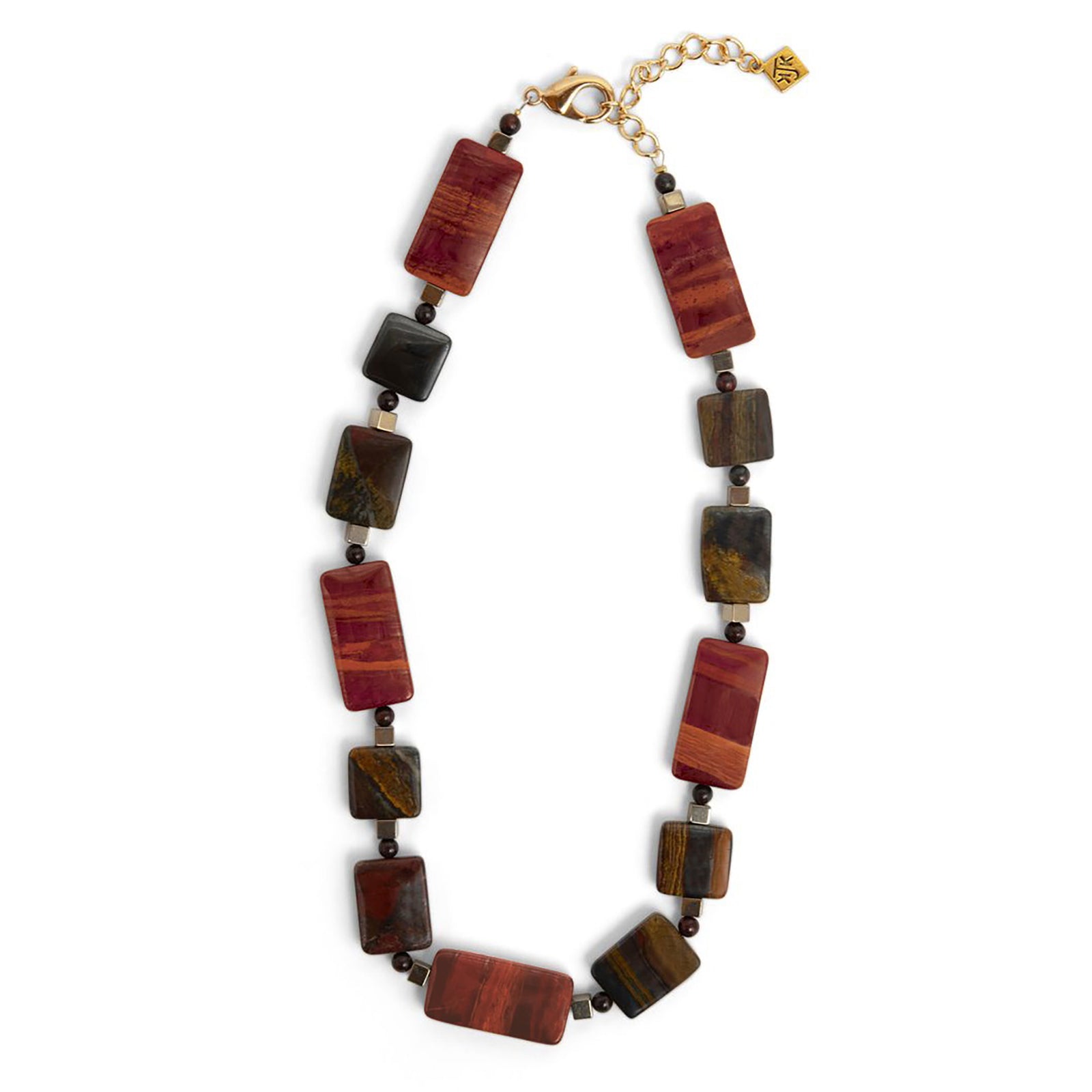 A choker necklace with polished banded jasper in red and brown shades, along with tiger iron and hematite, and a gold-colored lobster clasp closure.