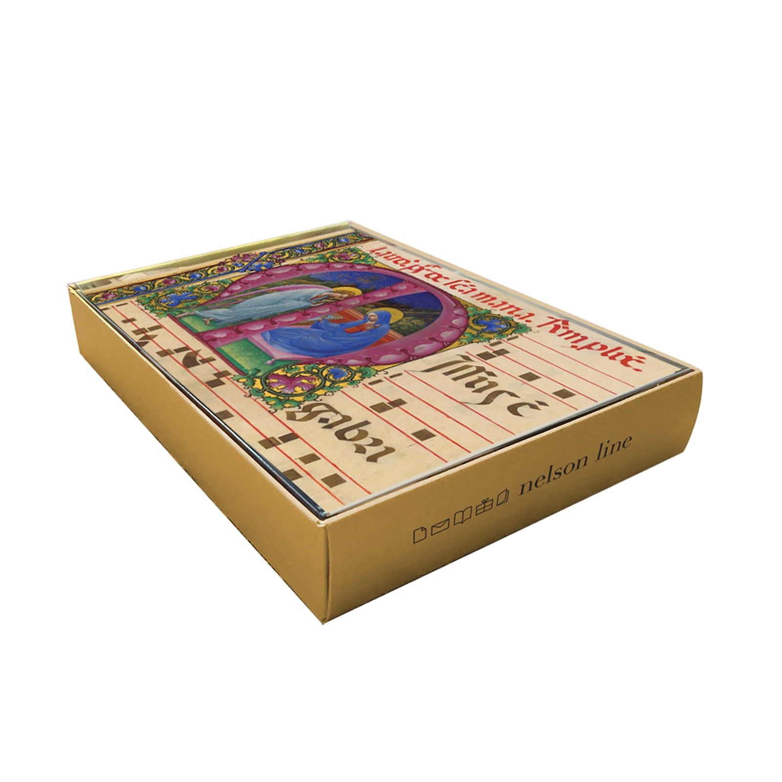 Notecard box with colorful design and text on a white background