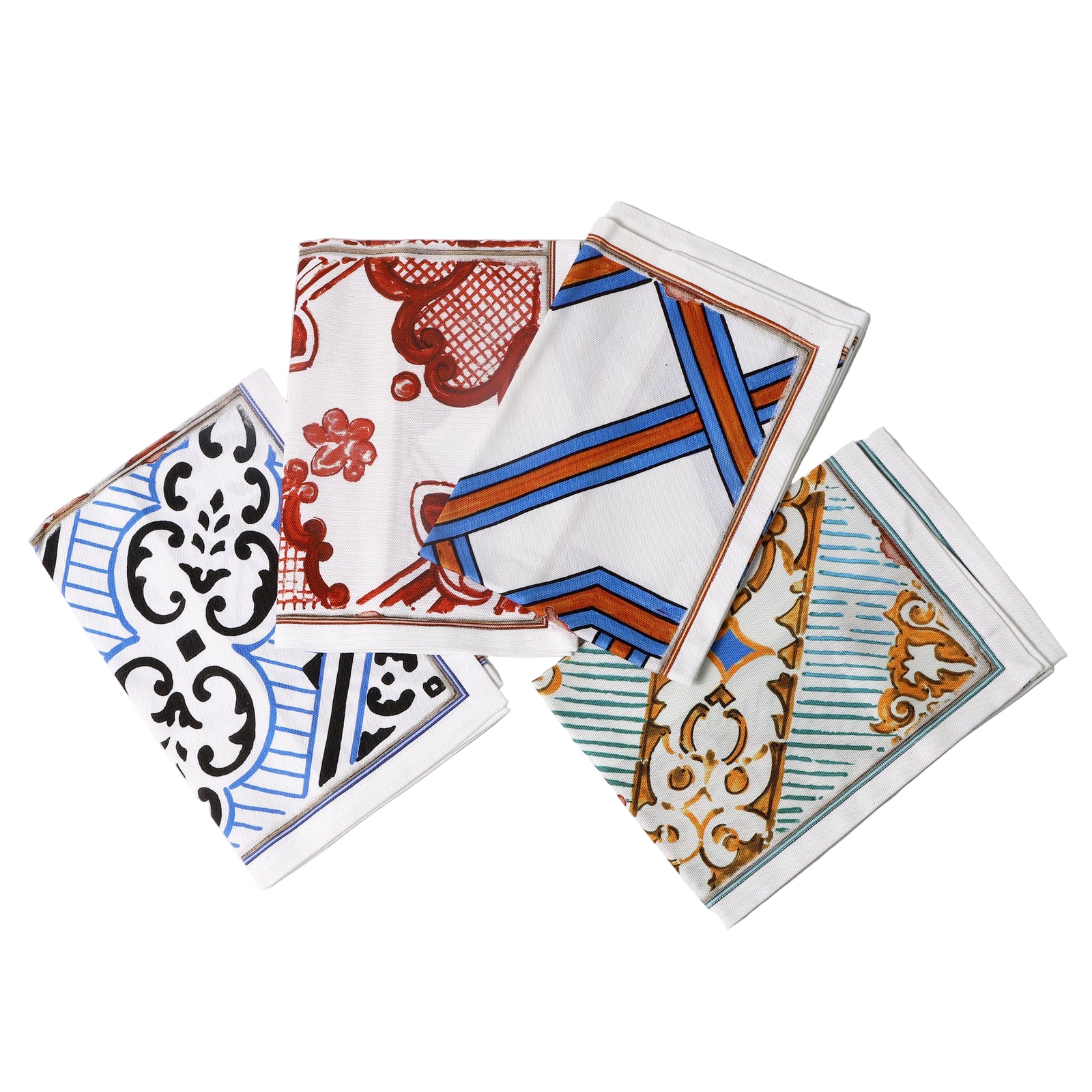 Set of decorative tiles with geometric and floral patterns on a white background