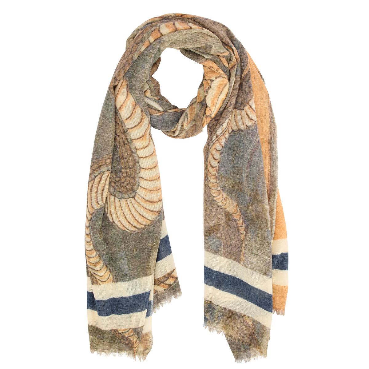 Patterned scarf with blue, beige, and brown colors on a white background