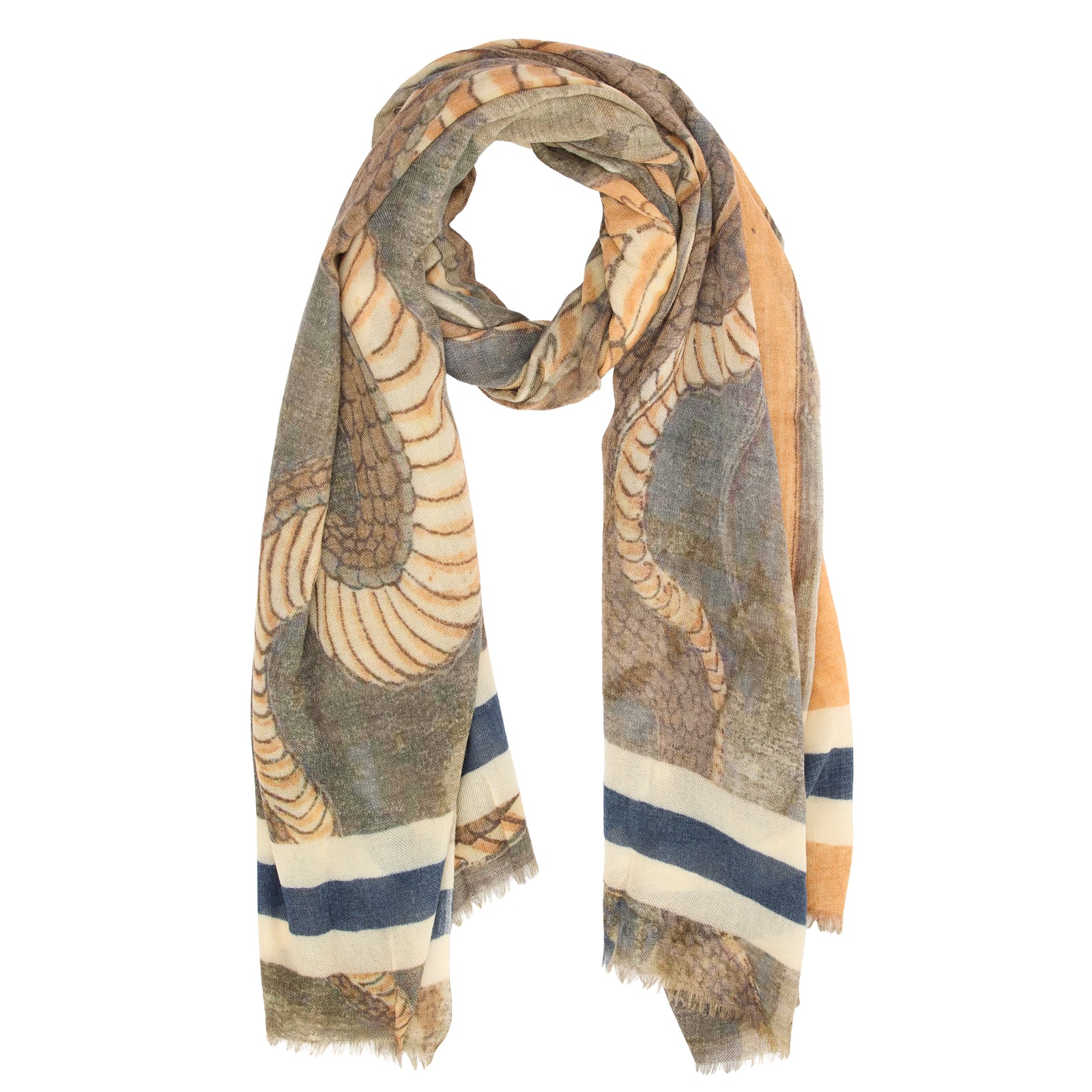 Patterned scarf with blue, beige, and brown colors on a white background