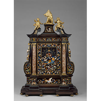 A notecard with the center artwork of Night Clock, a mosaic clock detail, featuring a bird and ornate frame.