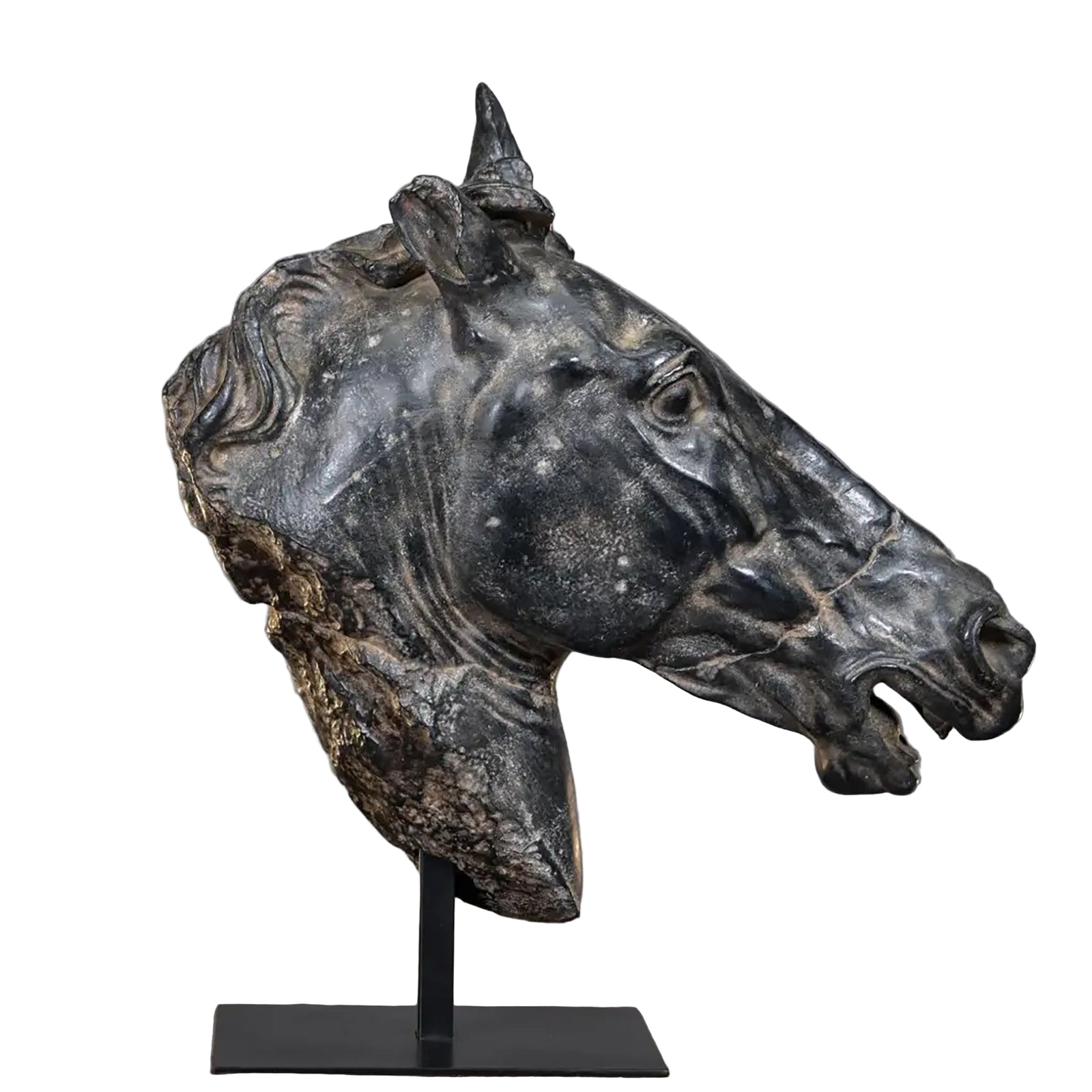 Bronze sculpture of a horse head on a stand against a white background