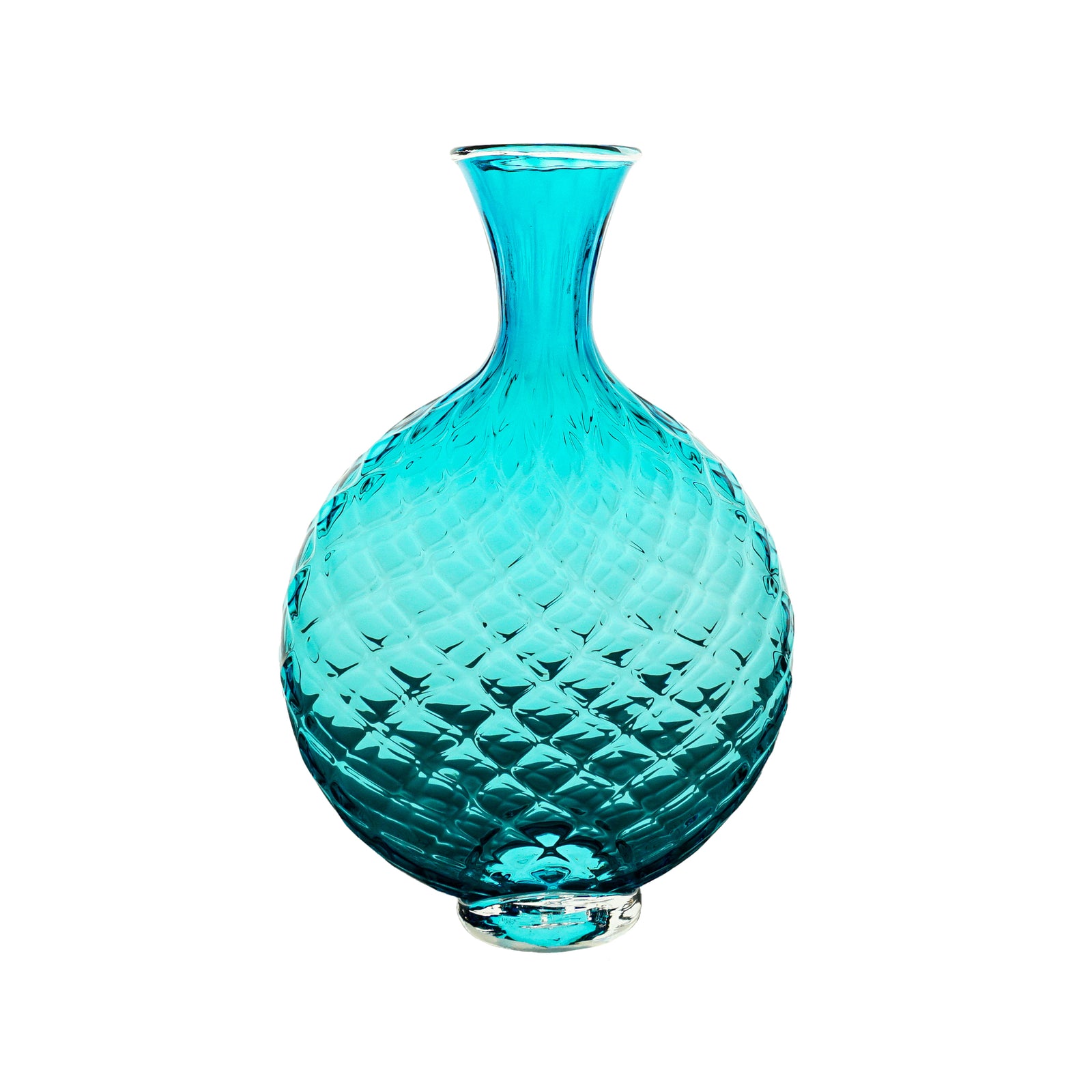 Turquoise glass vase with textured surface on a white background