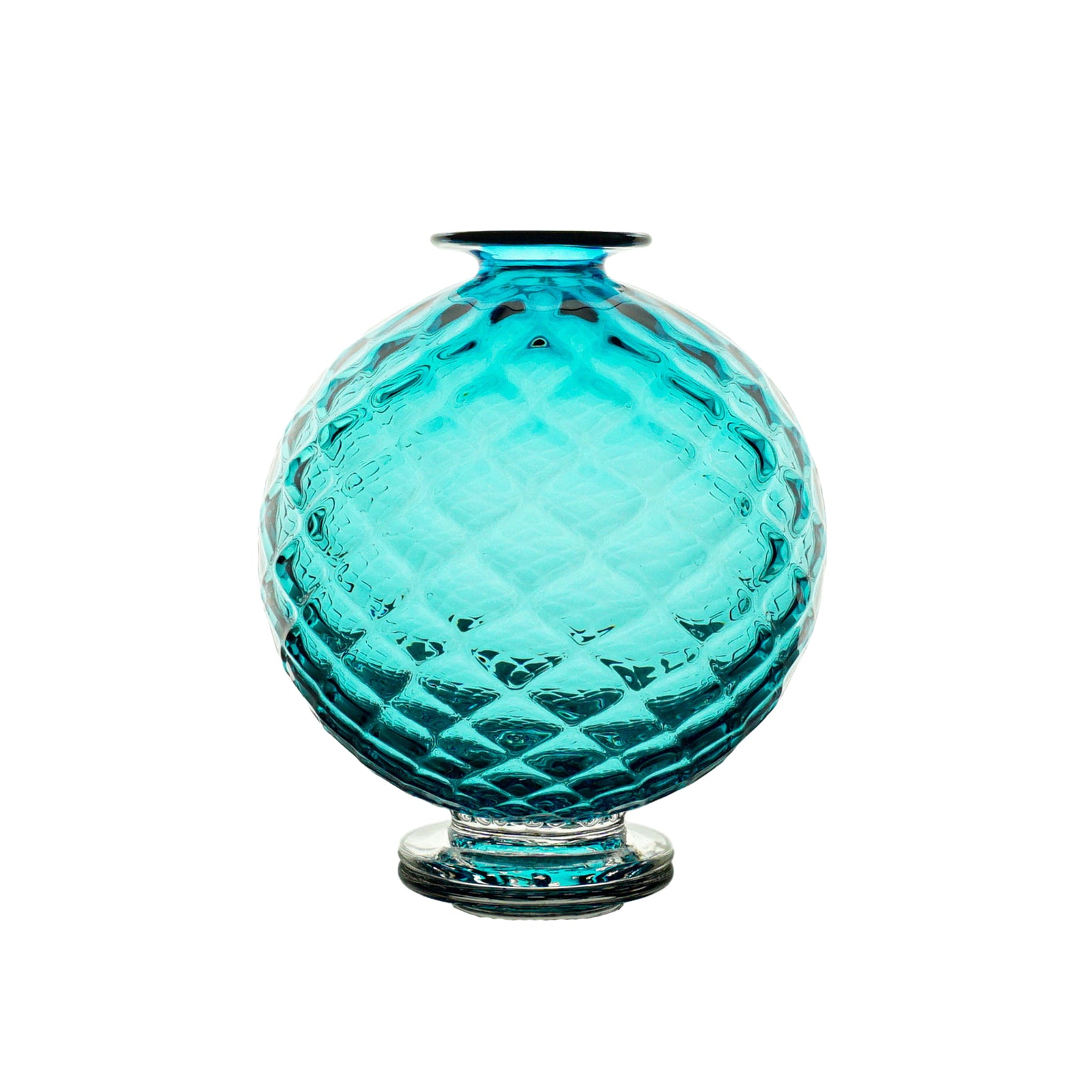 Turquoise glass vase with textured surface on a white background