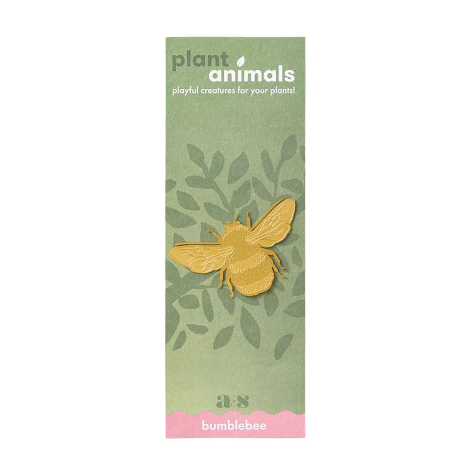 A brass bumblebee ornament designed for attachment to plants, packaged in a green and pink box with 'Plant Animals' branding.