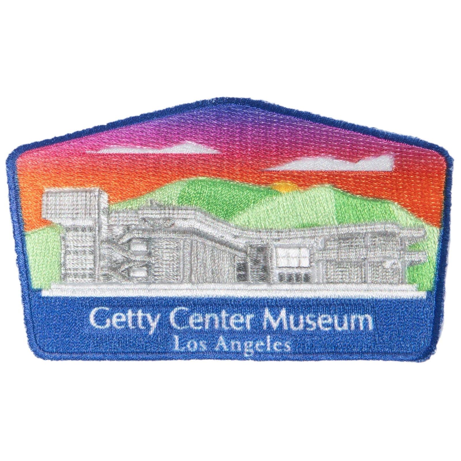 A patch depicting the Getty Center Museum in Los Angeles with a multicolored background and blue border.