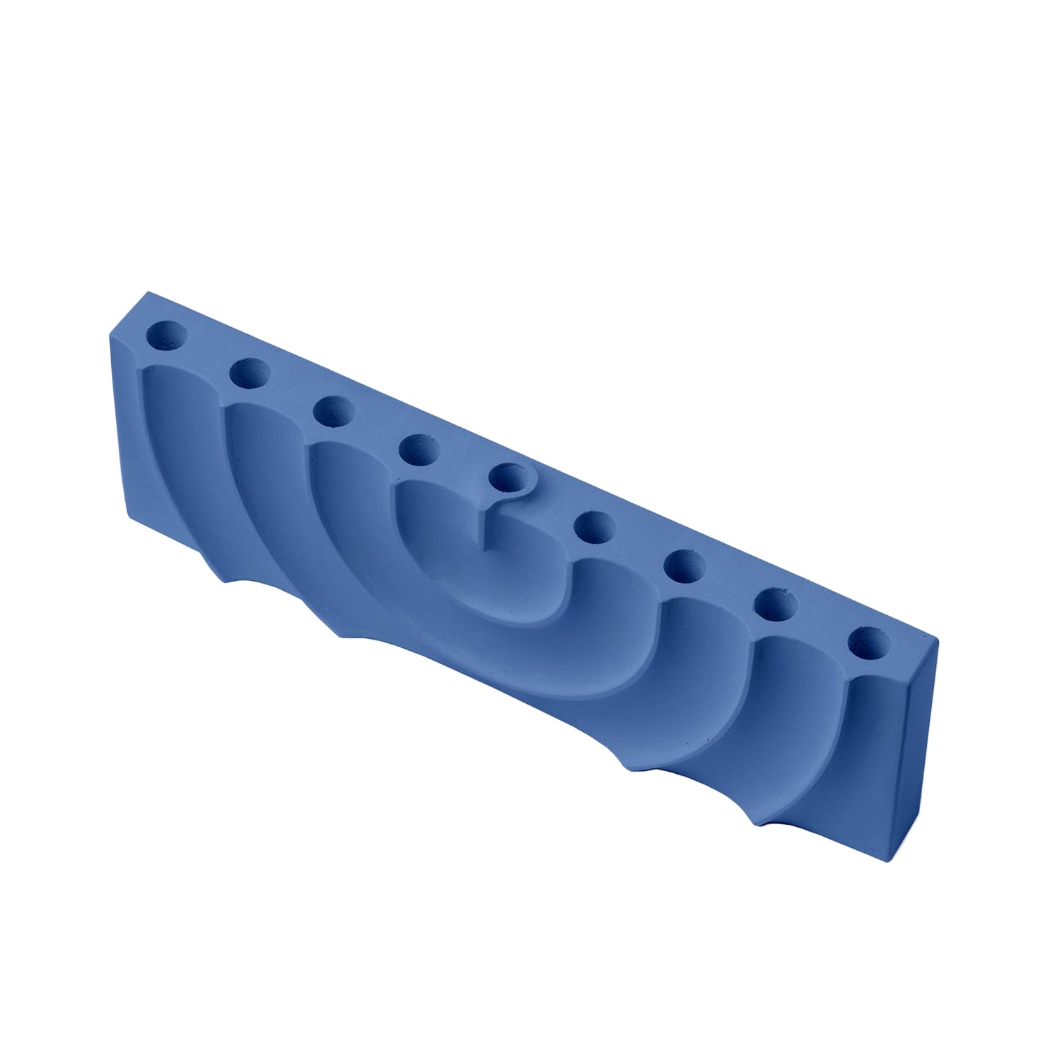 Blue plastic component with multiple holes on a light gray background