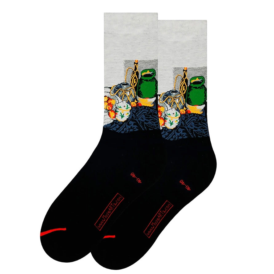 Socks with a design of bottles and fruiton a white background
