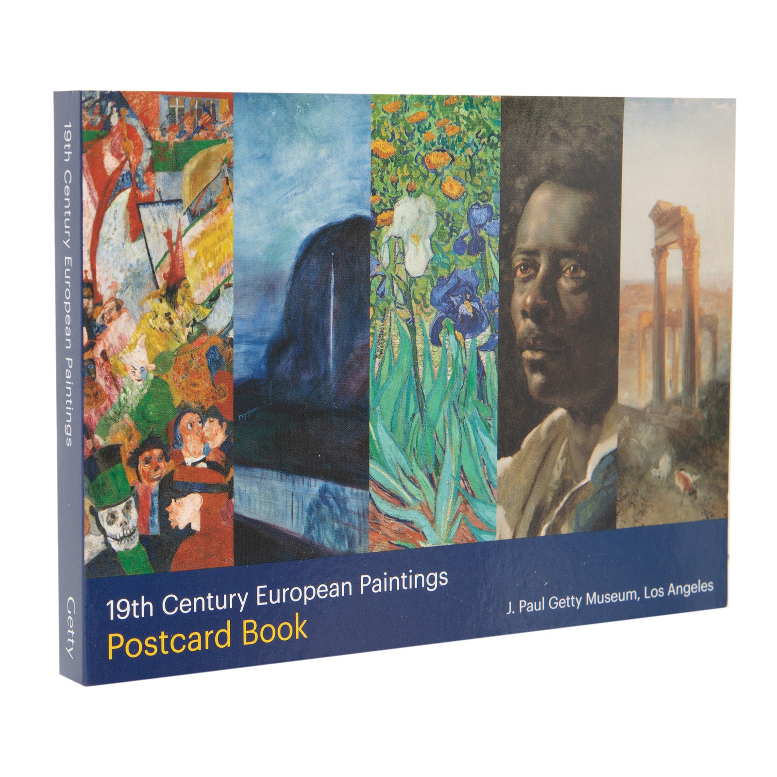 Postcard book showcasing famous nineteenth-century European paintings with a variety of artistic styles, including a prominent image of 'Irises' by Vincent van Gogh.