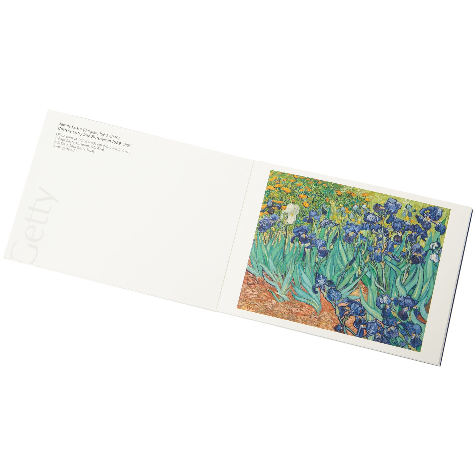 Postcard book showcasing famous nineteenth-century European paintings with a variety of artistic styles, including a prominent image of 'Irises' by Vincent van Gogh.