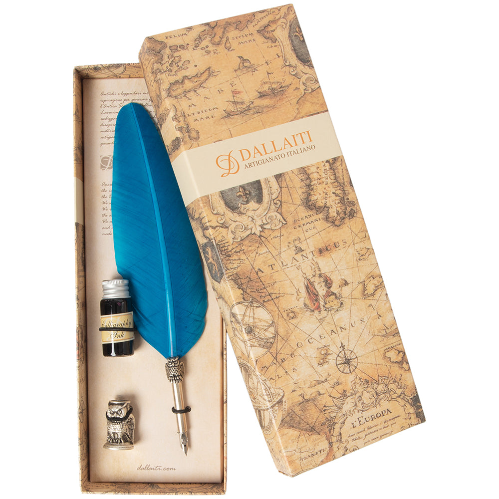 Calligraphy Set – Turquoise Feather Quill Pen with Owl Motif