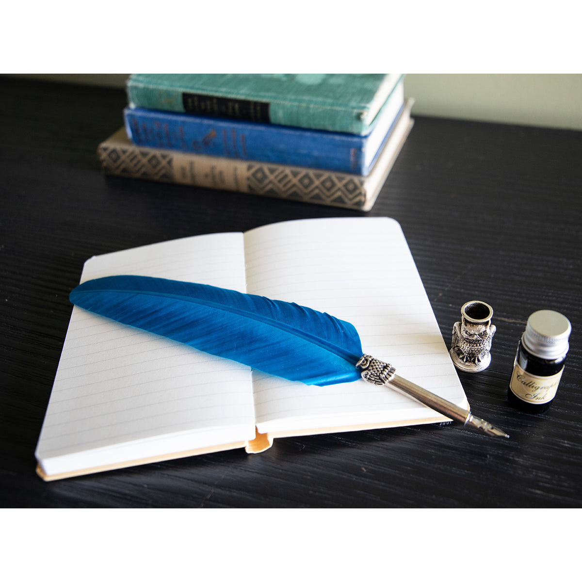 Calligraphy Set – Turquoise Feather Quill Pen with Owl Motif