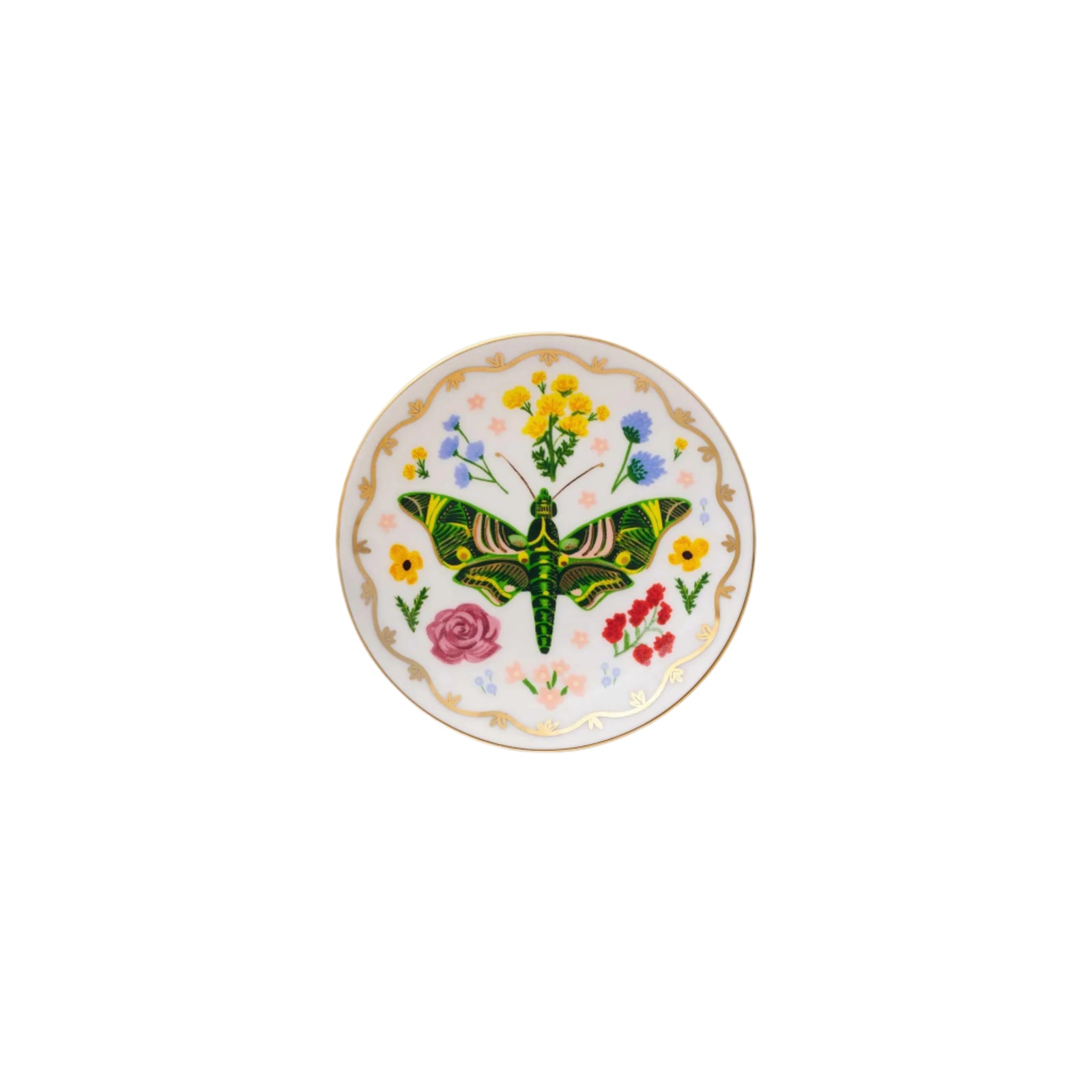 A round porcelain ring dish with a gold rim and multicolored floral patterns in the center.