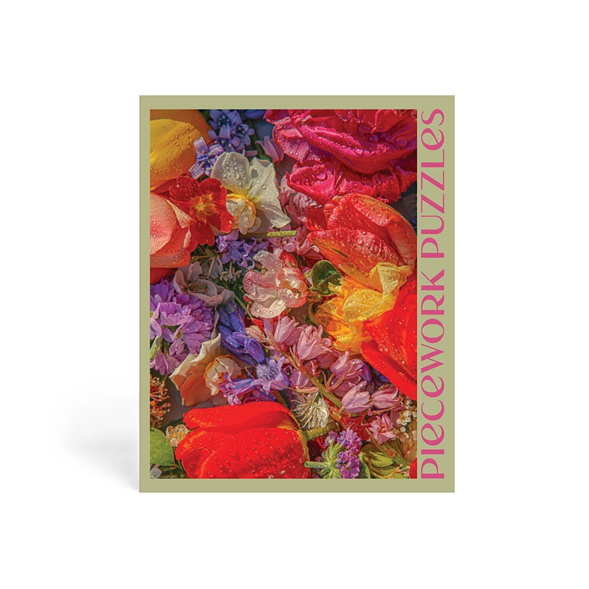 Jigsaw puzzle box with colorful floral design and 'Piecemwork Puzzles' text.