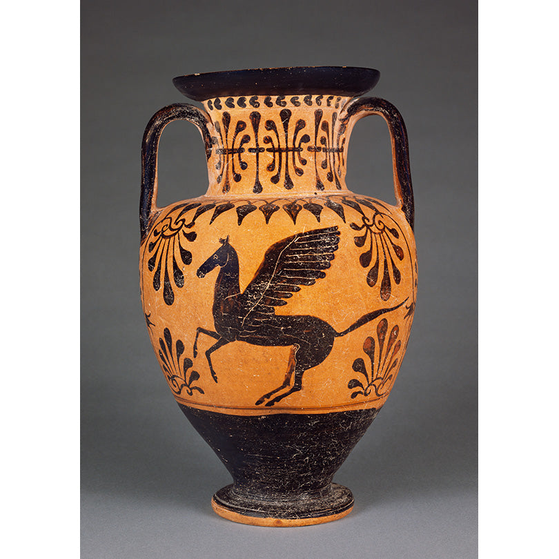 Ancient ceramic vase with black winged horse design on a gray background