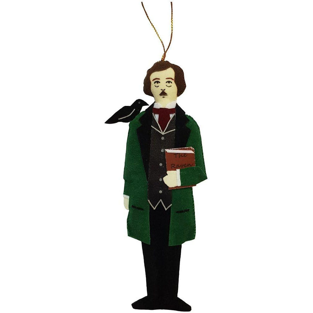 A felt Christmas ornament depicting the author Edgar Allan Poe wearing a green coat, black vest and trousers, holding a book, with a black raven on his shoulder and a gold hanging string.