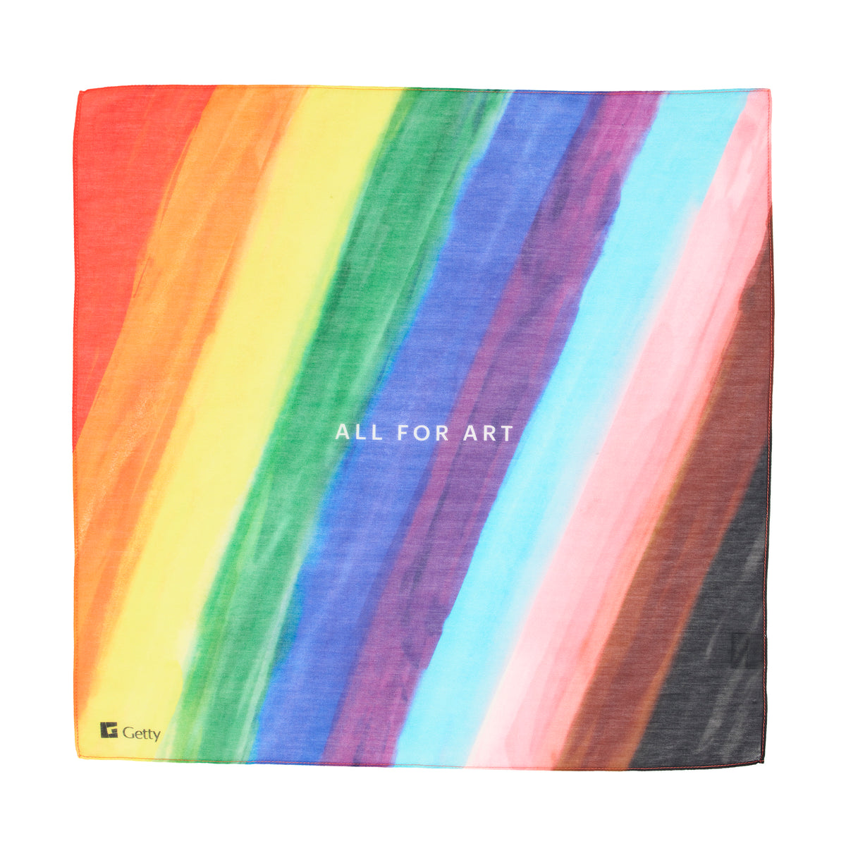 Colorful striped fabric with 'All for Art' and Getty logos on a white background