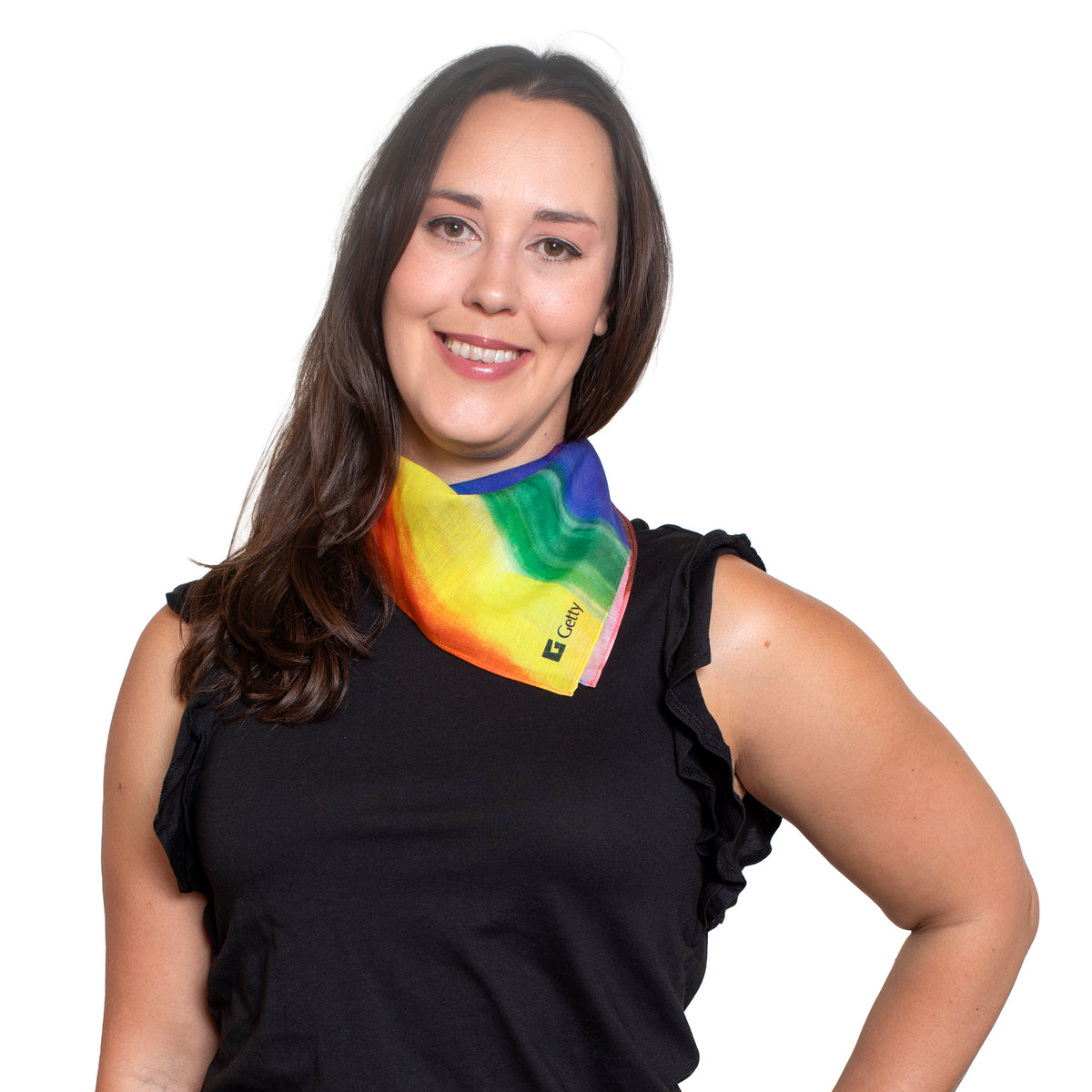 Woman wearing a colorful scarf with a white background