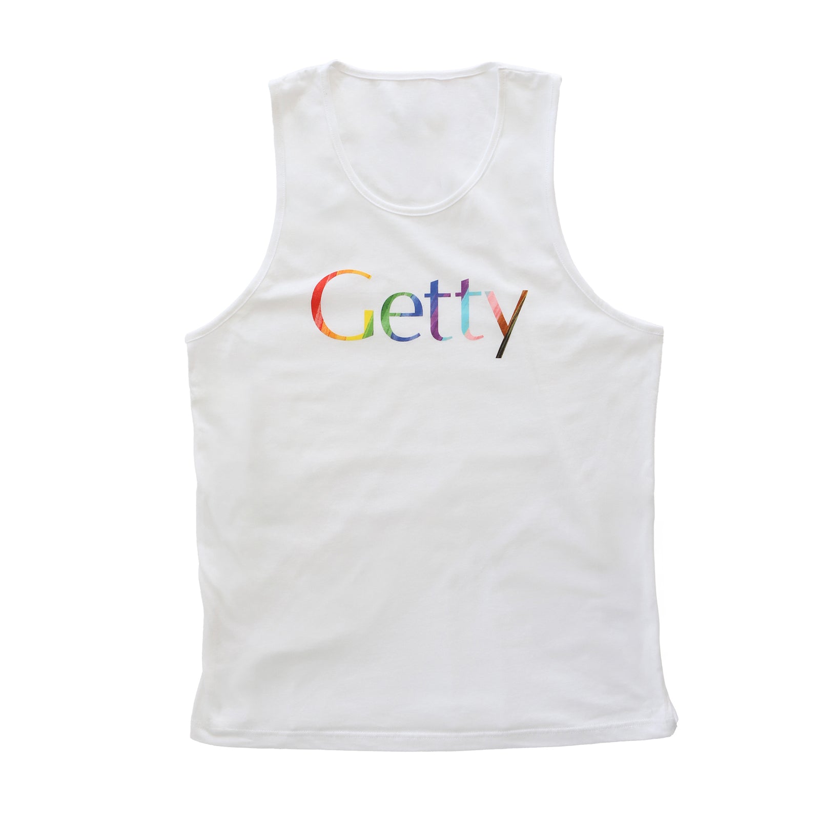 White tank top with 'Getty' printed in colorful letters on a white background