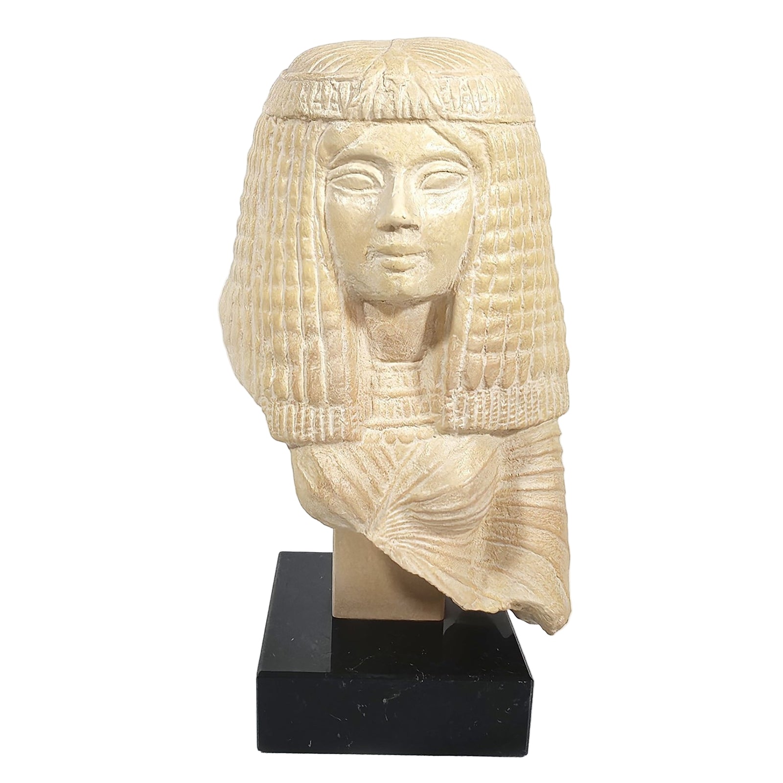 Carved stone bust of a figure with a headdress on a white background