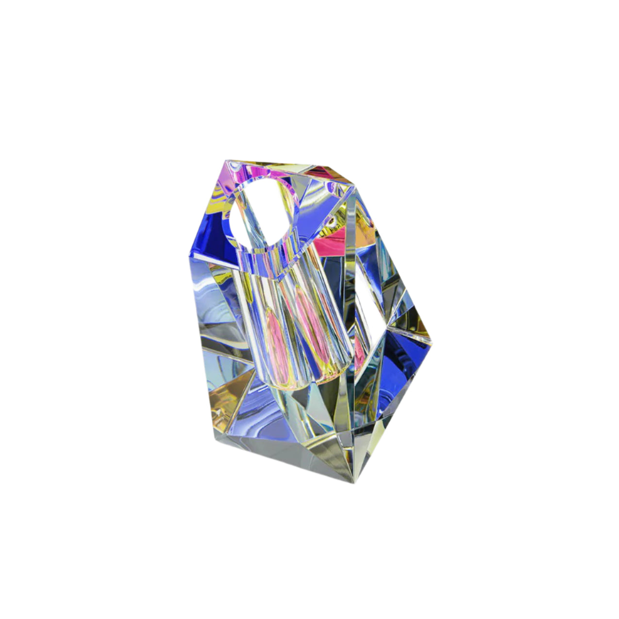 A multicolored, angular, hand-cut crystal vase with a dichroic film creating a rainbow effect.