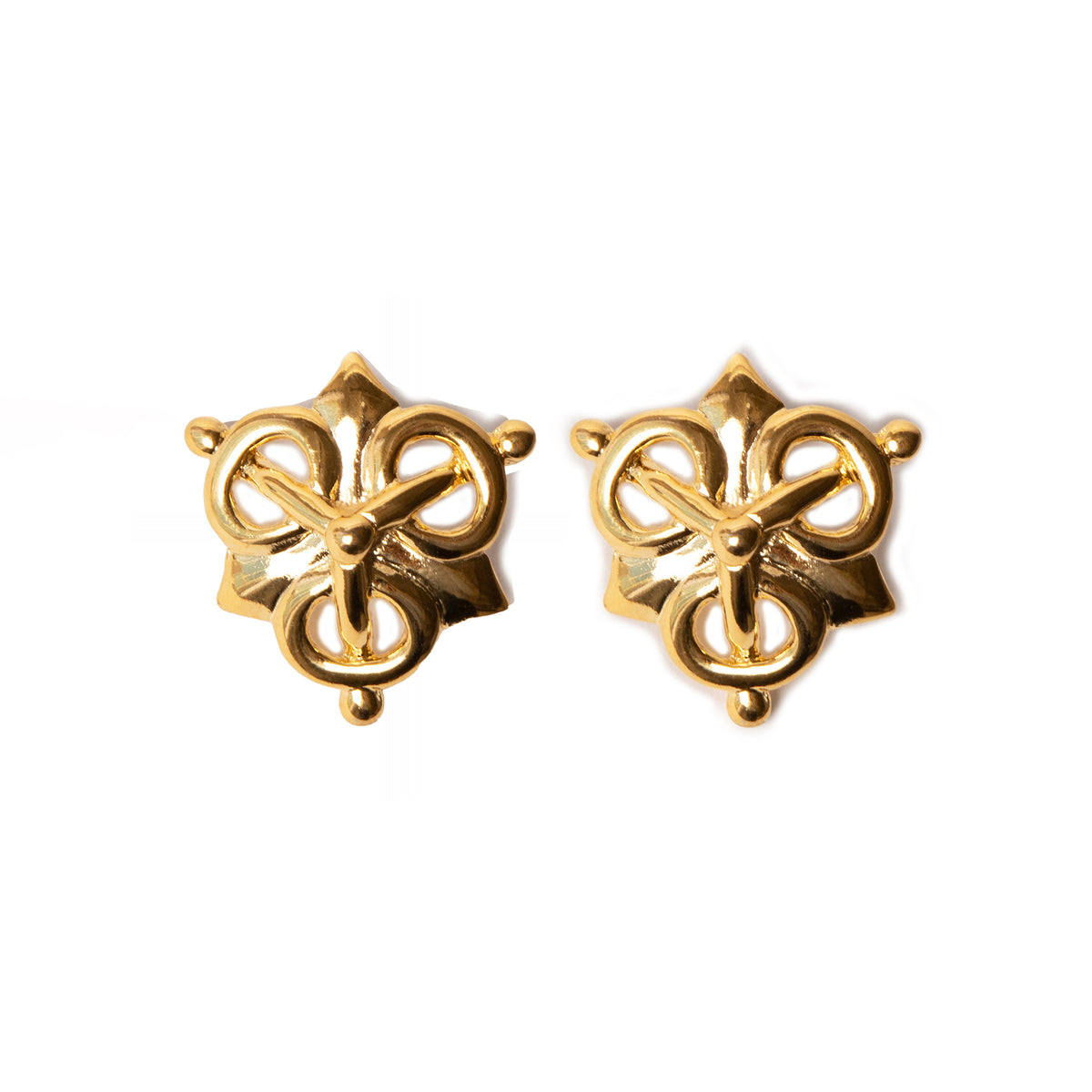 Pair of gold earrings with intricate design on a white background