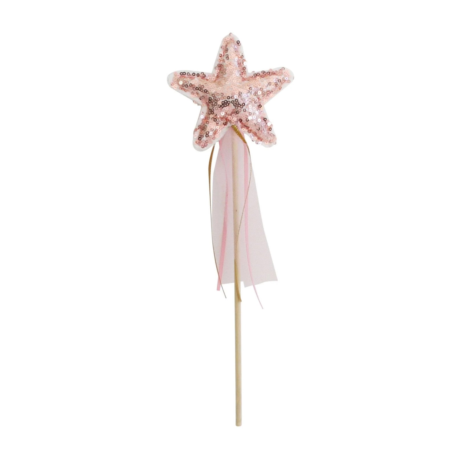 Star-shaped fairy wand with sequins and a tassel on a white background