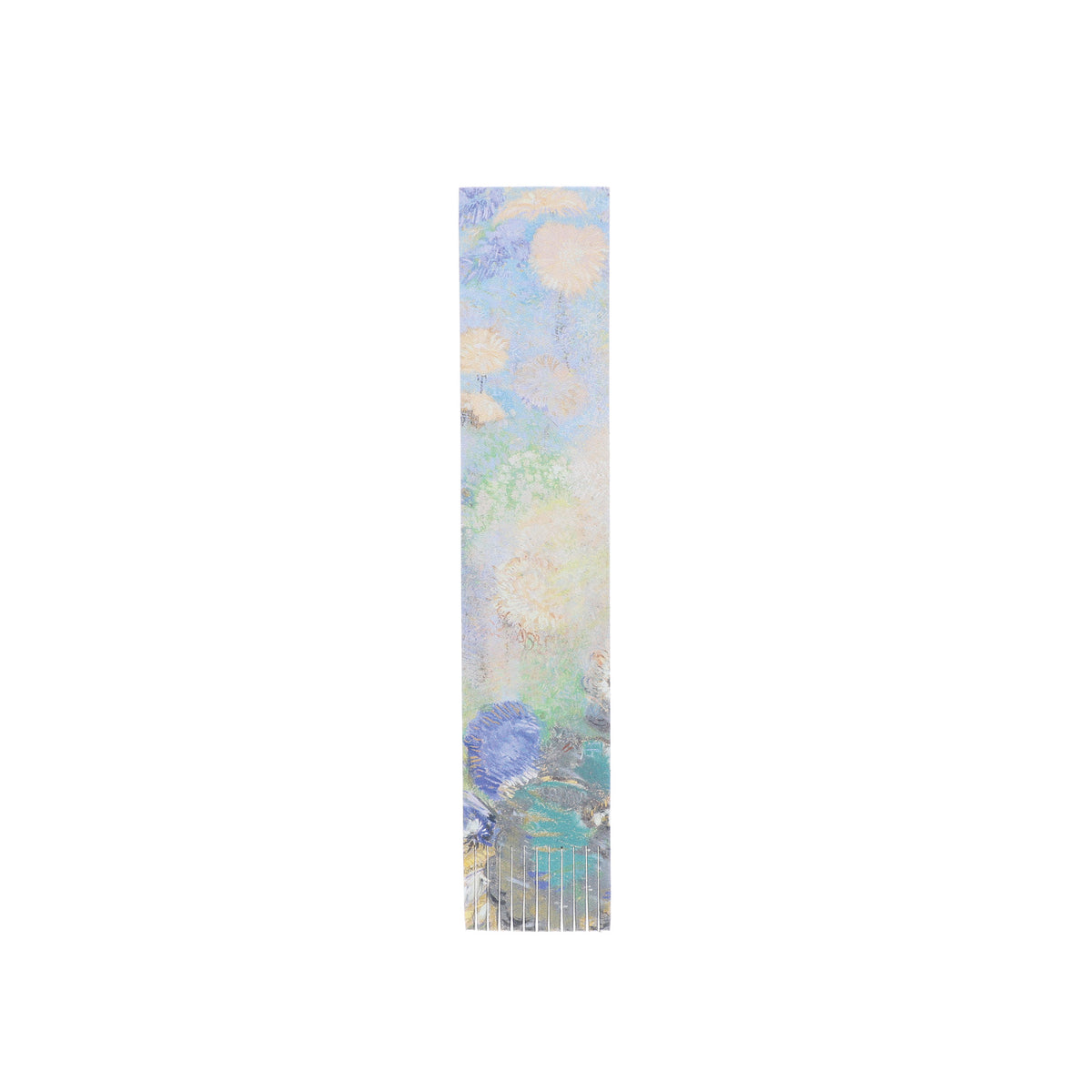 A tall, narrow abstract art print or panel featuring soft pastel brushstrokes in blue, green, cream, and touches of gold, centered on a plain white background.