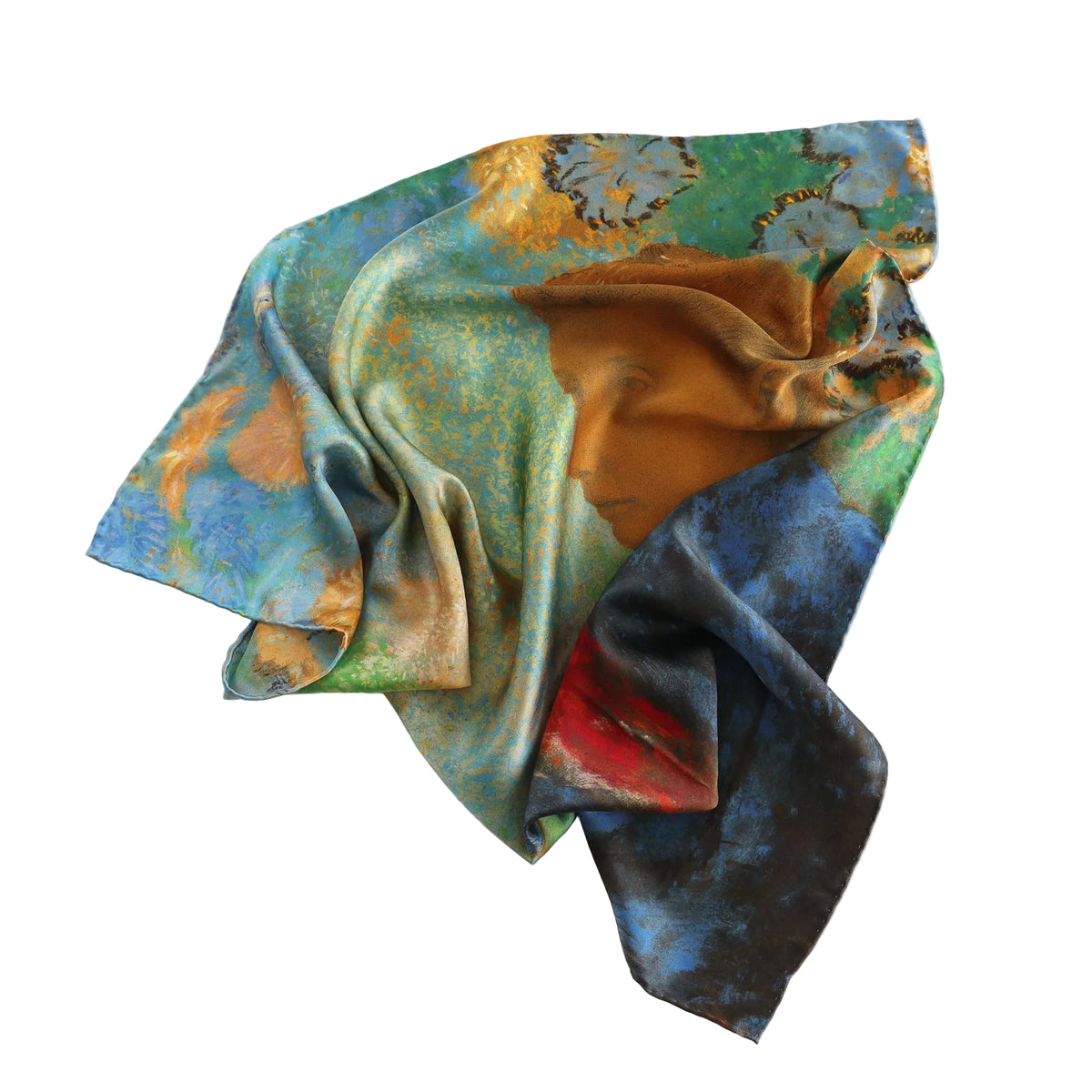 A square silk scarf with an abstract, painterly print featuring a profile face, draped on a clean white background.