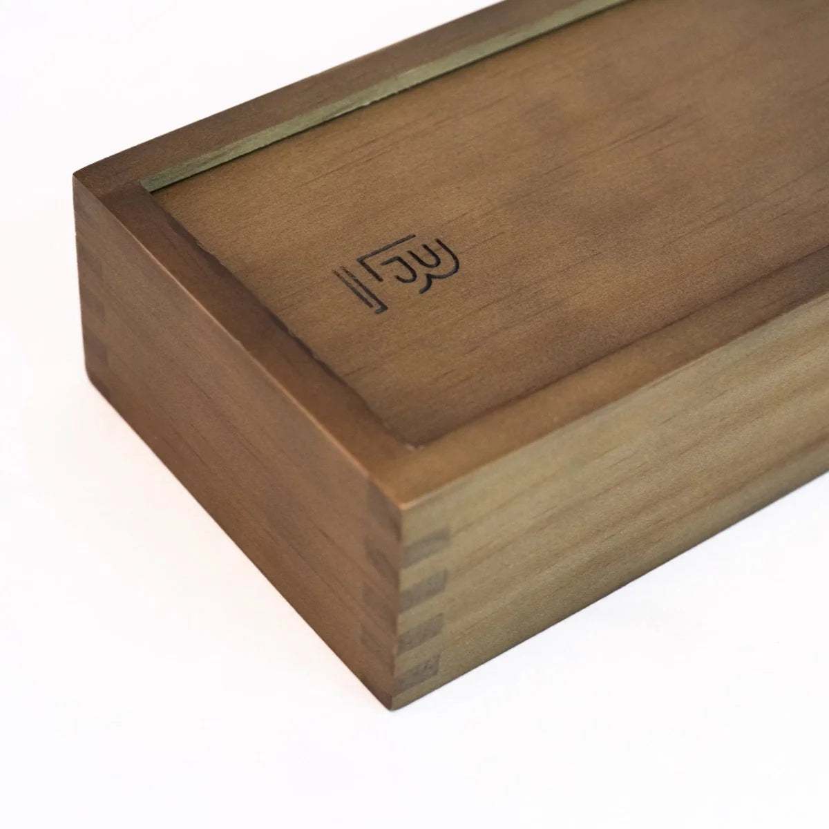 Wooden box with a brand logo on a white background