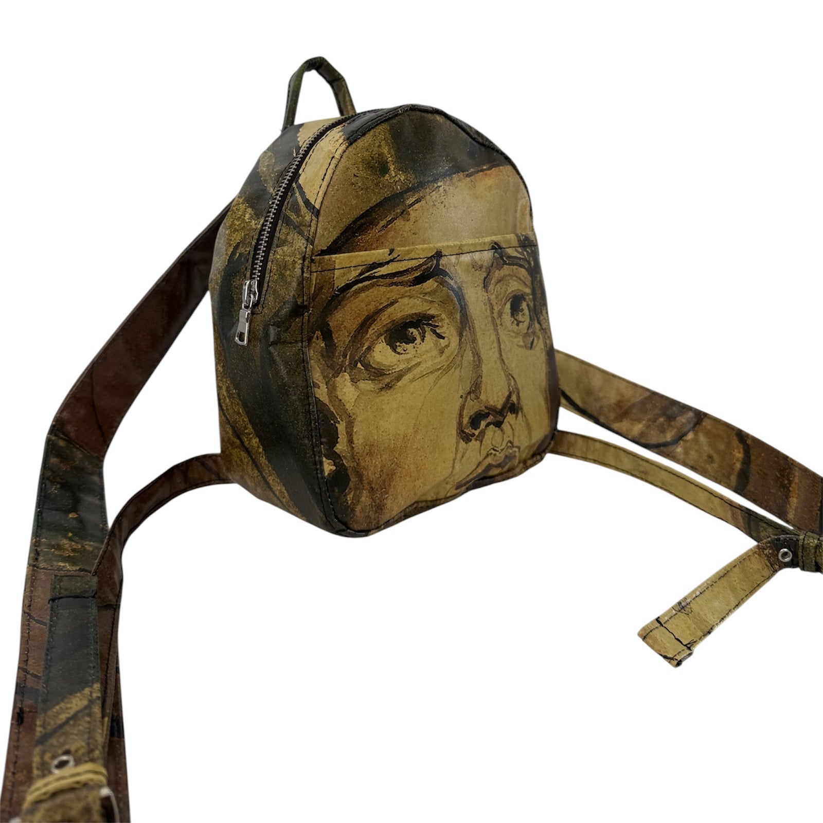 Backpack with a face design on a white background