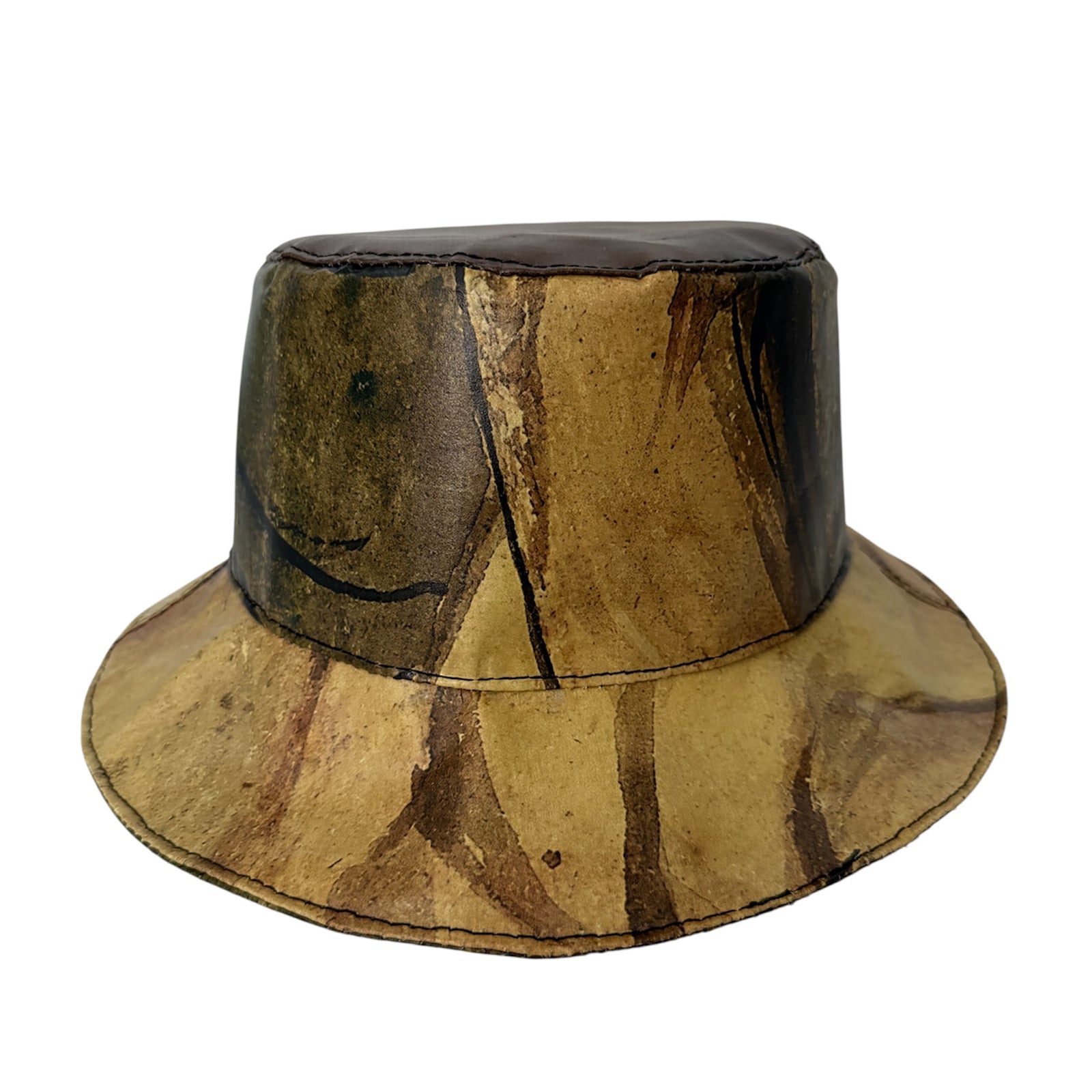 Brown bucket hat with a textured surface on a white background