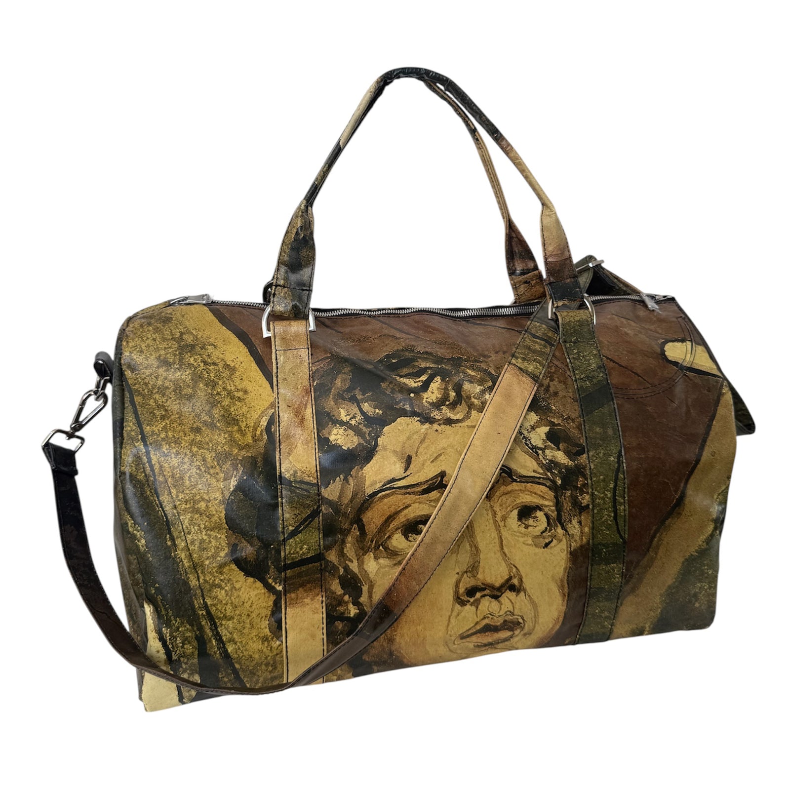 Duffle bag with artistic design on a white background