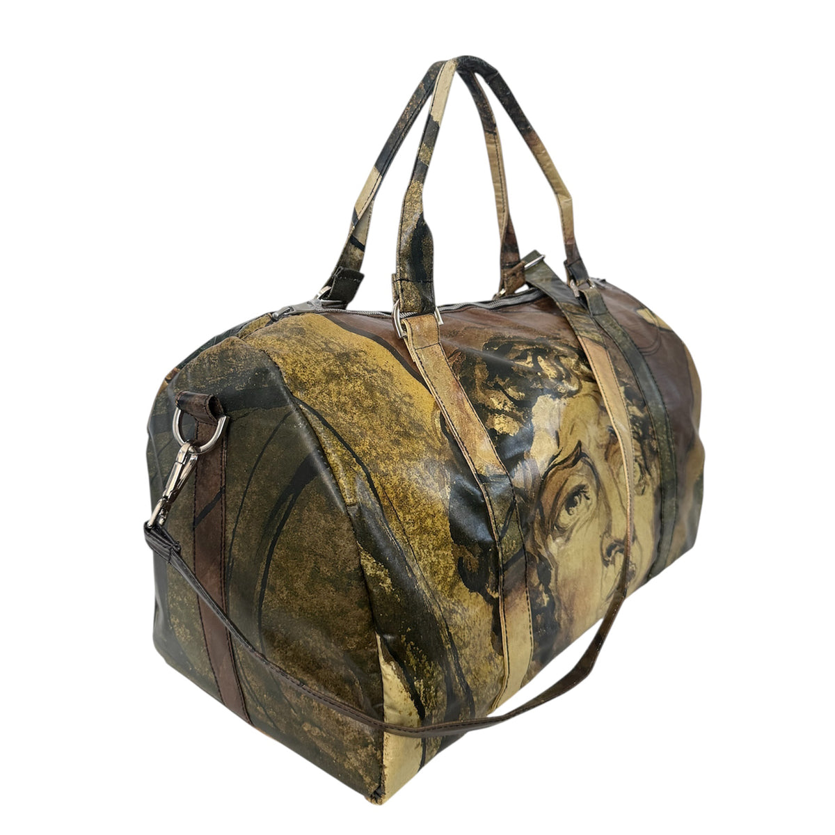 Duffle bag with artistic design on a white background