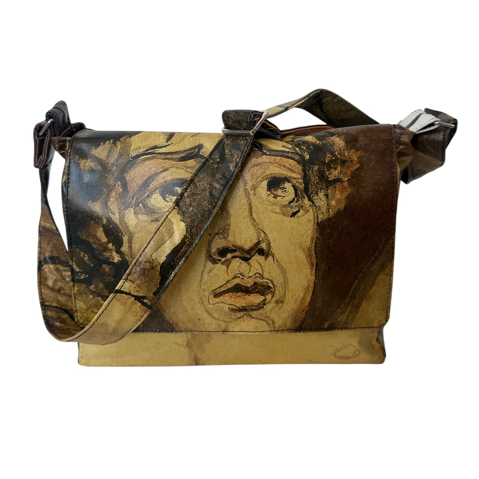 Brown bag with artistic face design on a white background