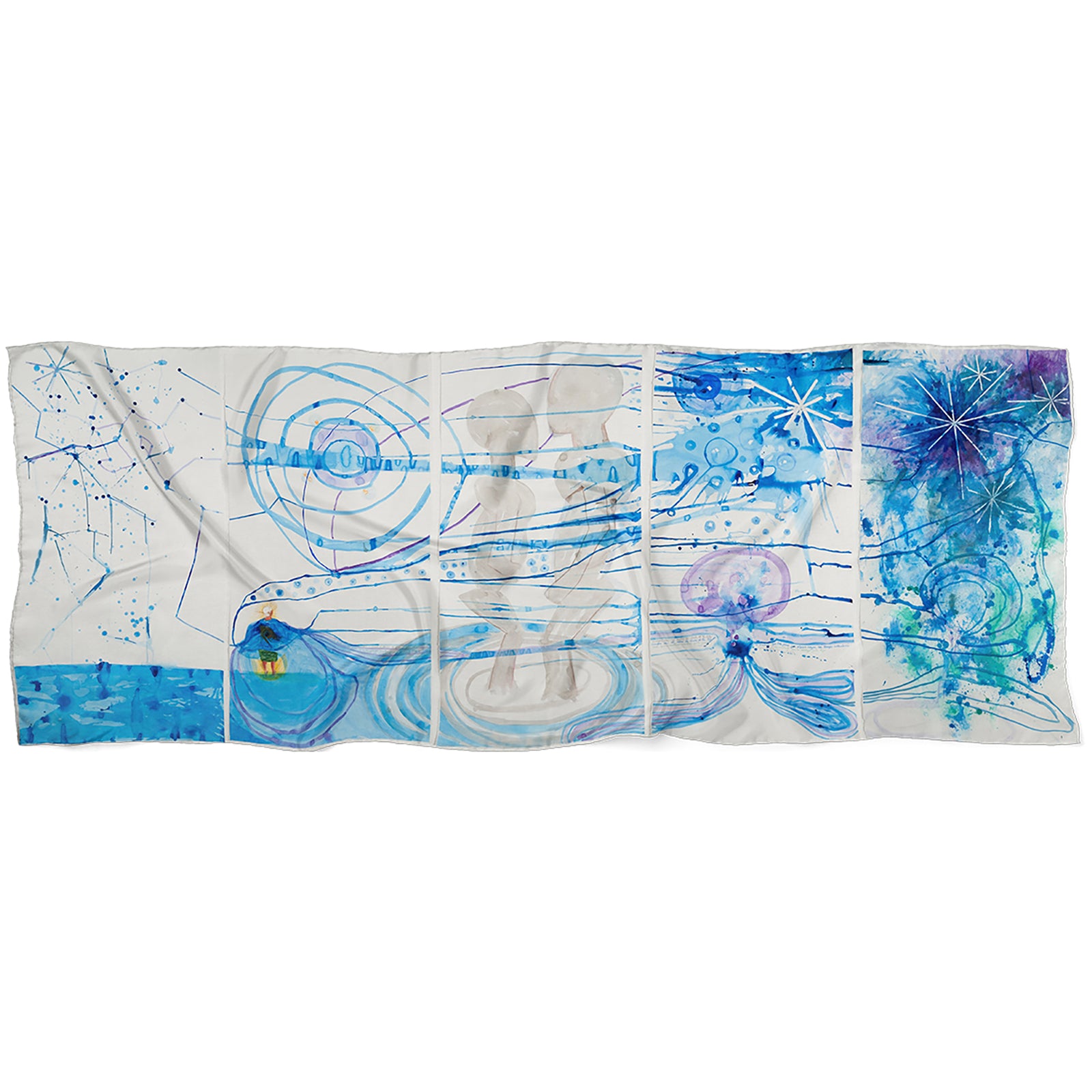 A silk scarf with blue and white patterns