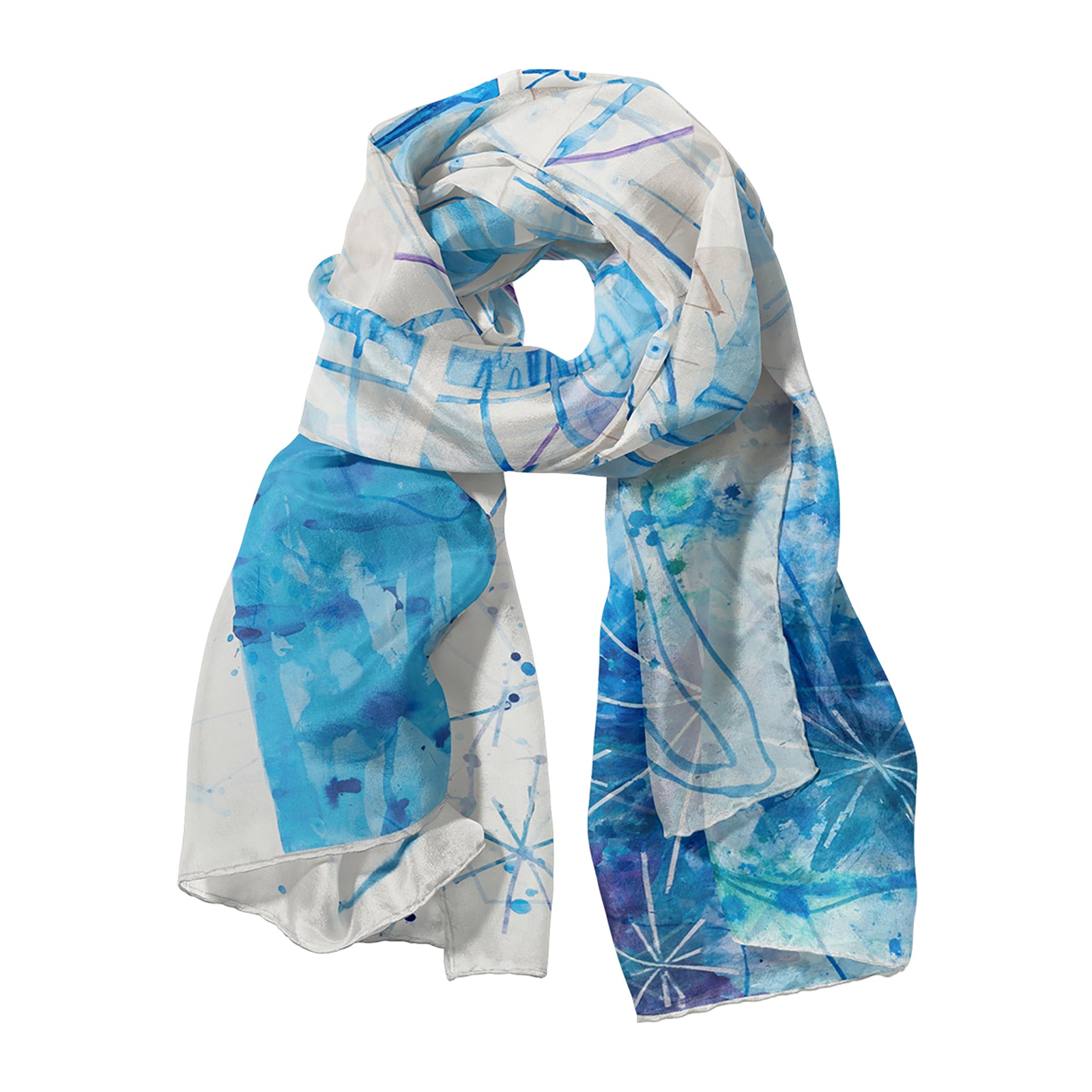 A silk scarf with blue and white patterns