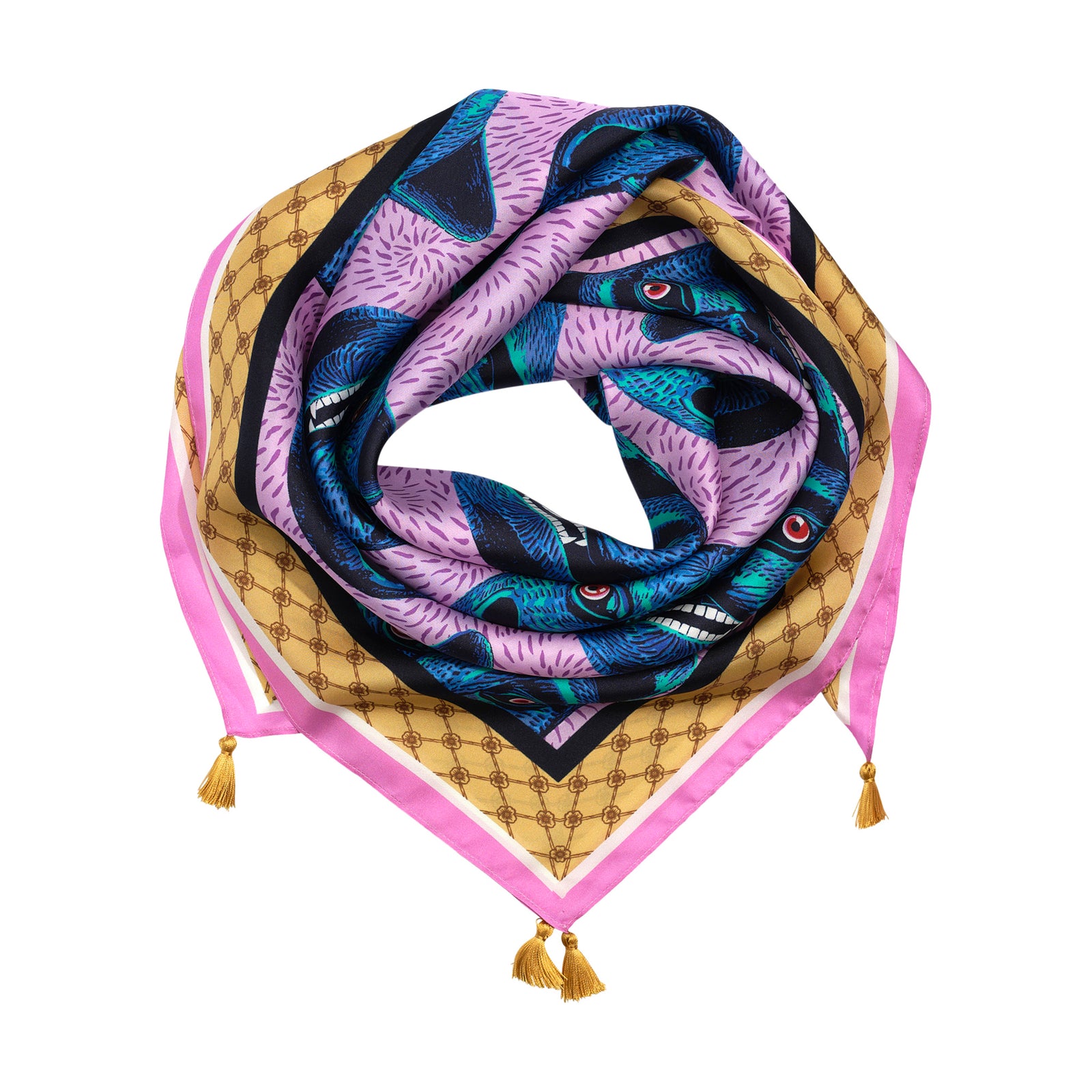 Patterned fabric with blue cat faces on a pink background