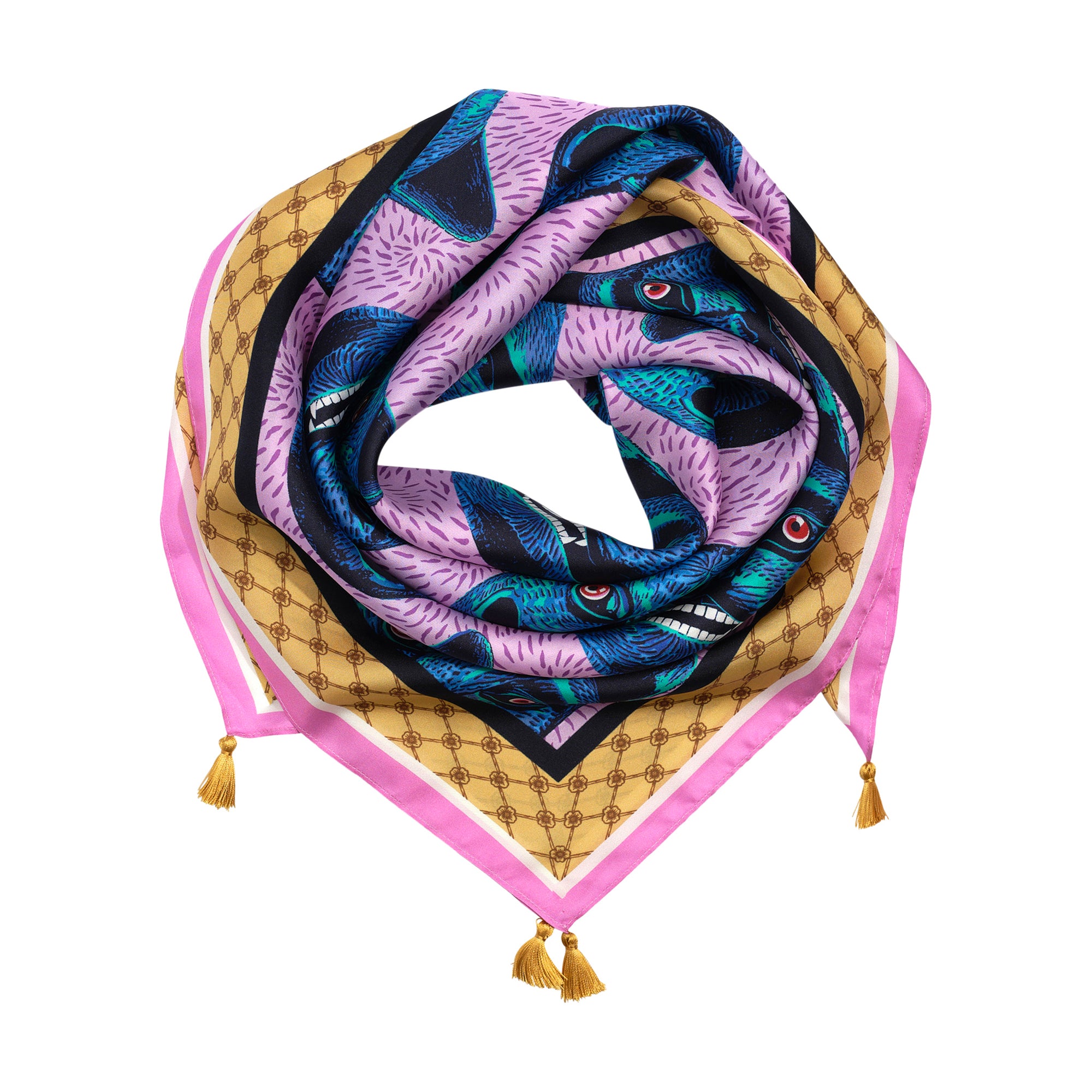 Patterned fabric with blue cat faces on a pink background