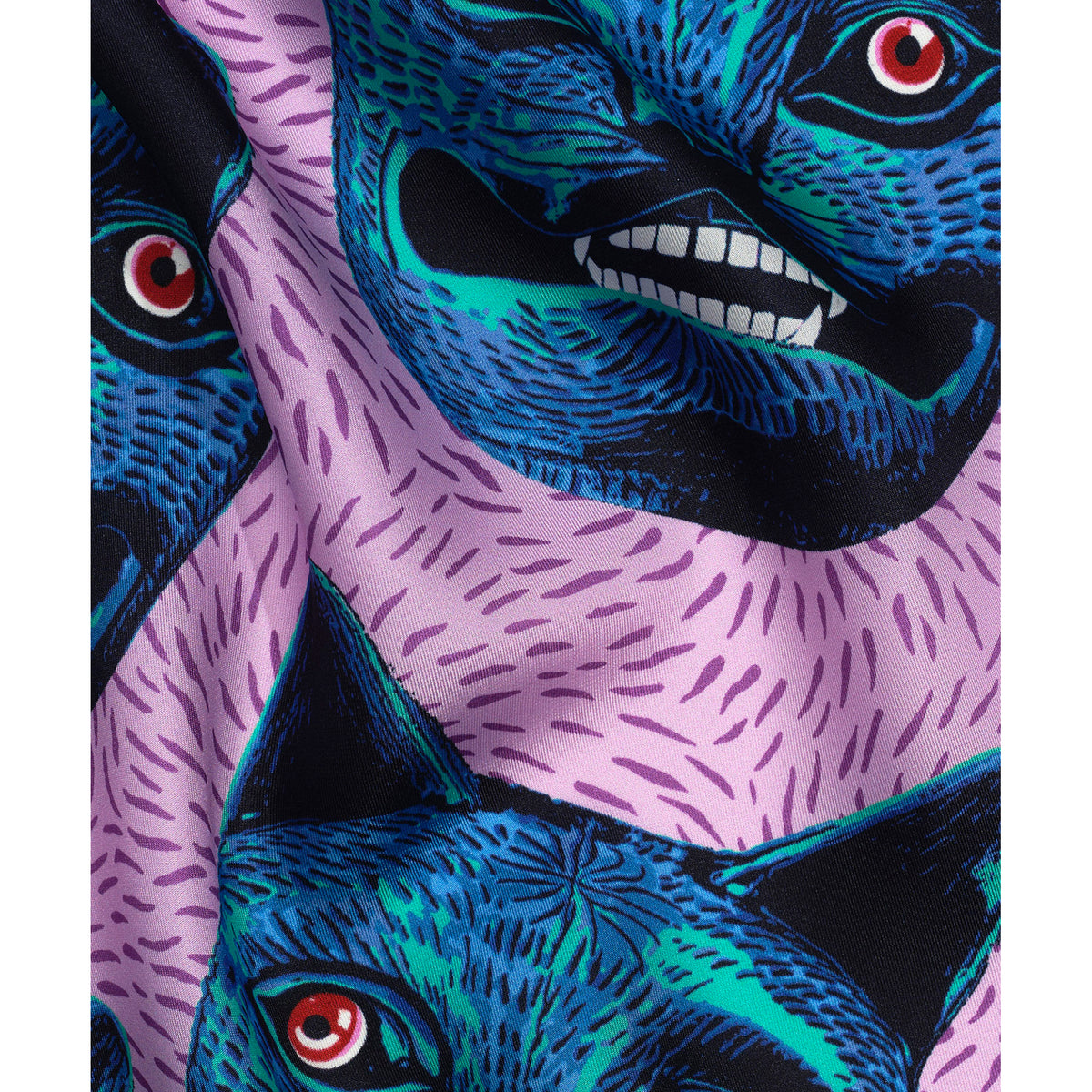 Silk scarf with blue and green cat design on a purple background