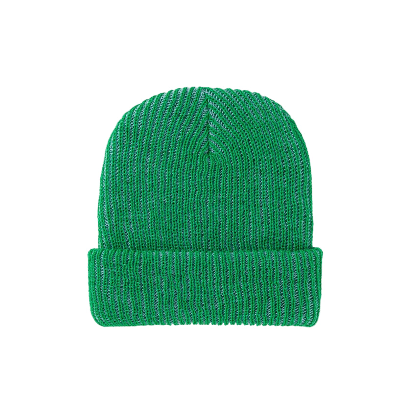 Green knit beanie on a white background