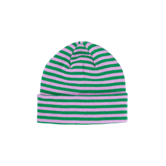Green and lavender striped beanie on a white background
