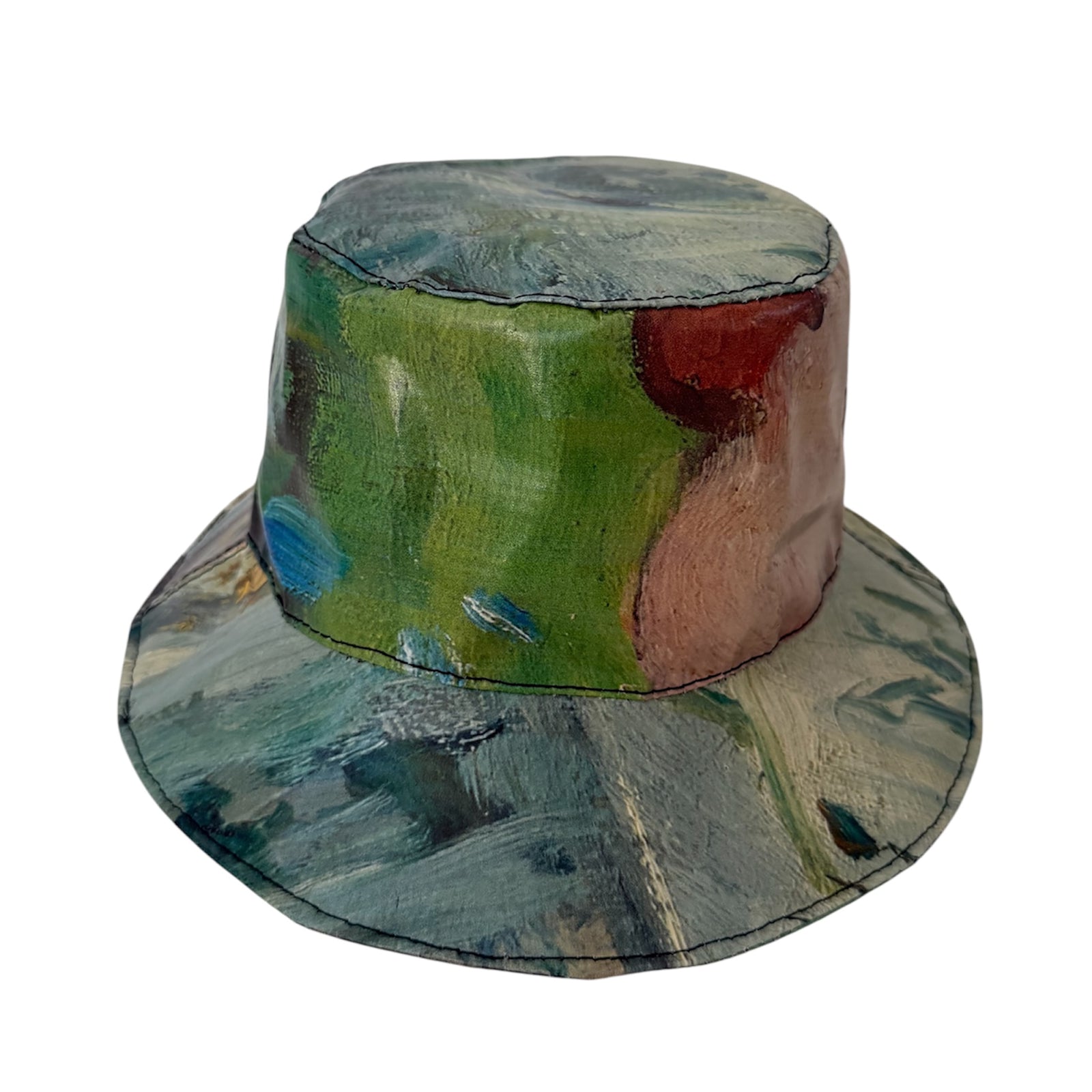 Colorful bucket hat with abstract design on a white background