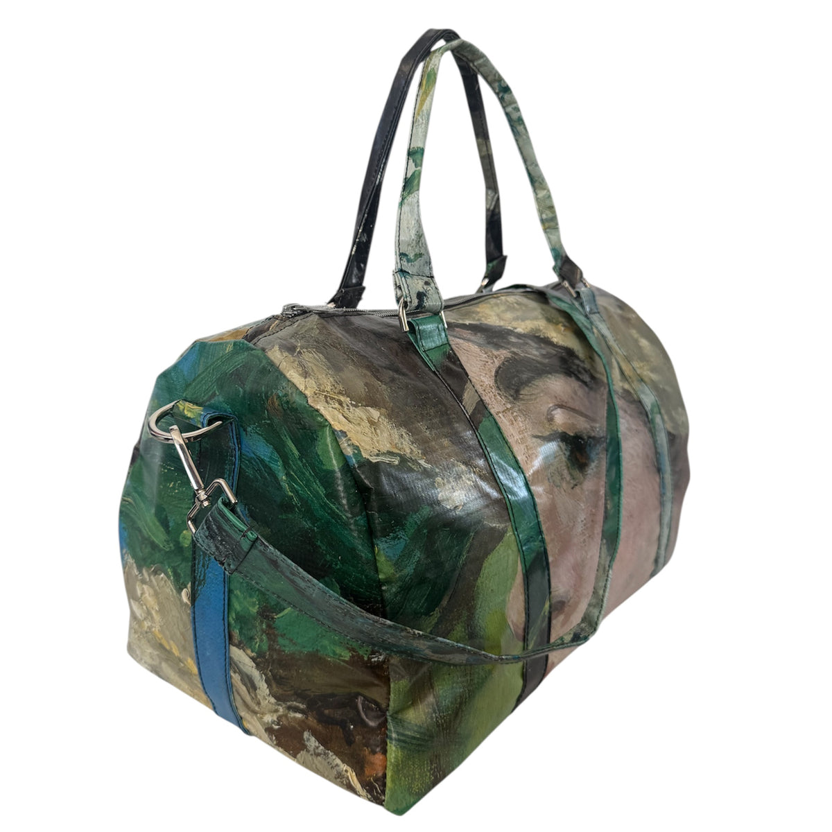 Camouflage-patterned duffel bag with a horse design on a white background