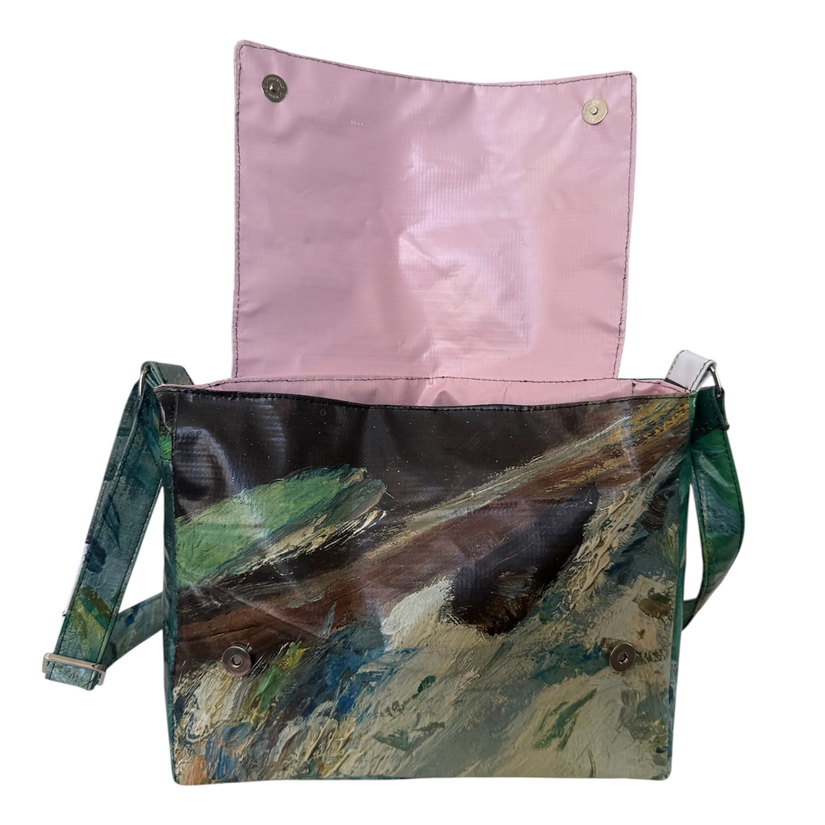 Multicolored bag with a pink interior on a white background