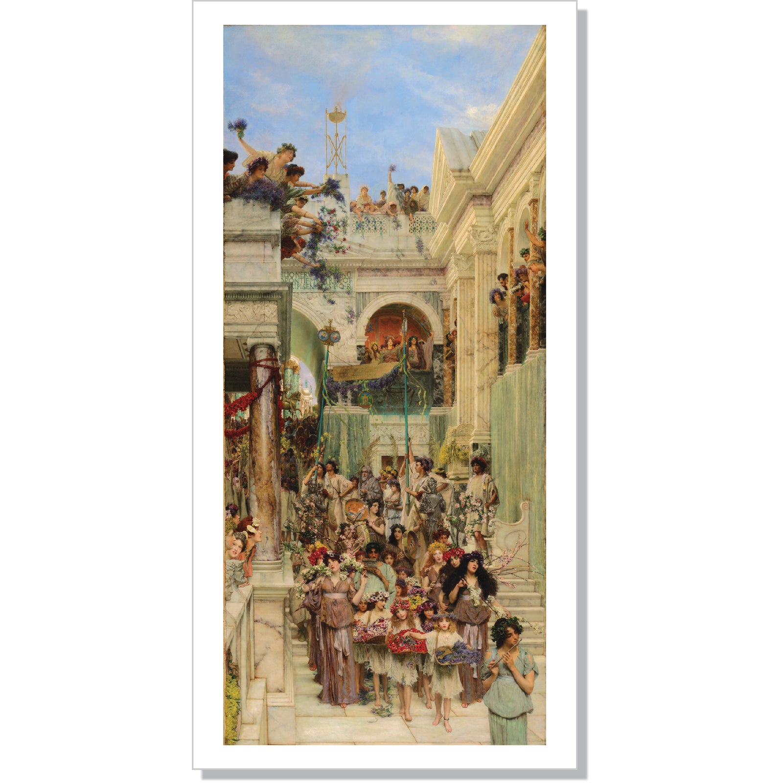 A poster featuring a detailed scene from Lawrence Alma-Tadema's painting 'Spring', depicting a classical architectural setting with multiple figures engaged in various activities.