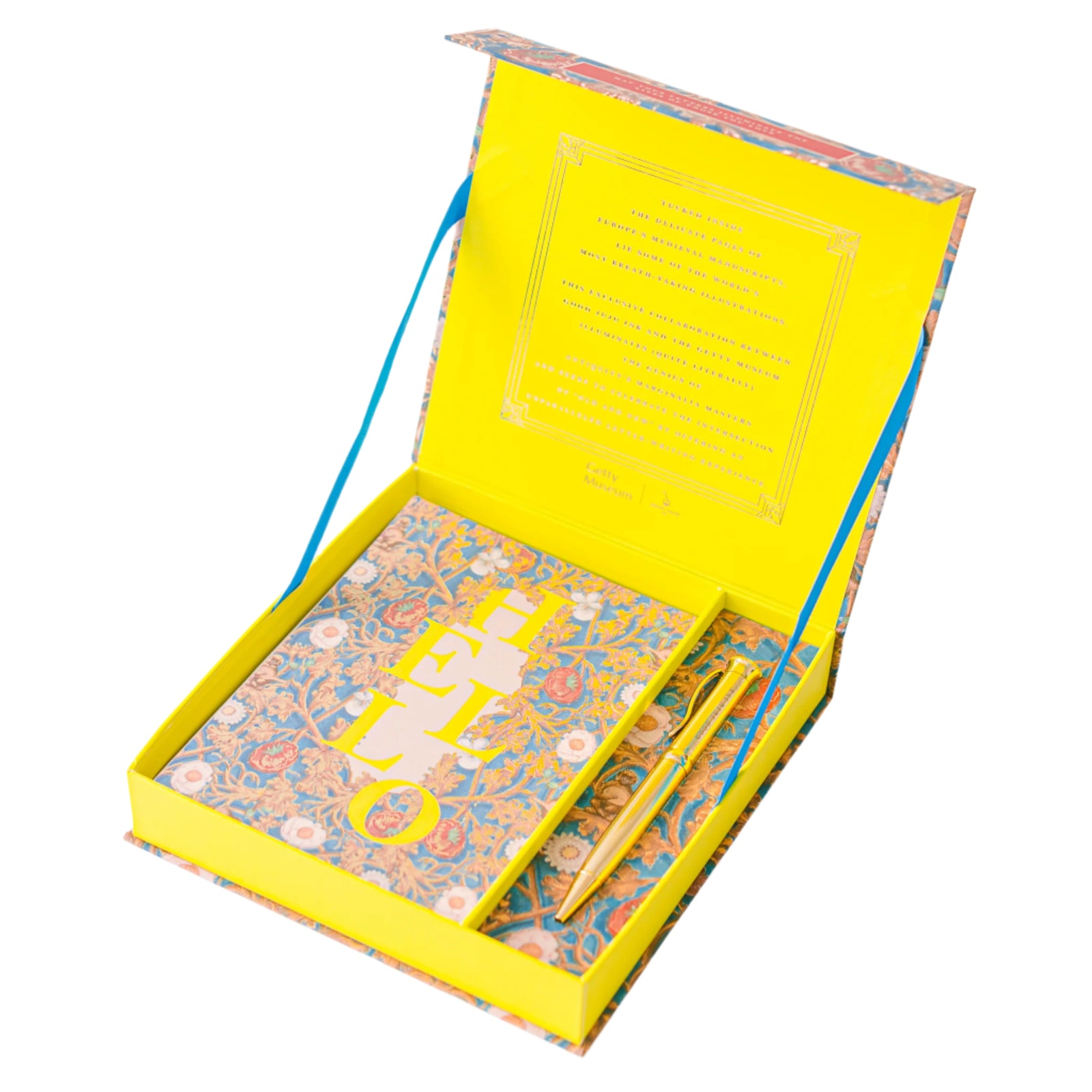 A luxury stationery set with blue illuminated designs, presented in a gold-foiled keepsake box with a magnetic flap closure.