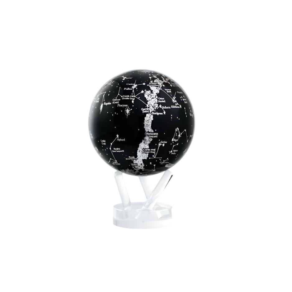 Black sphere globe covered in silver stars and constellation names on a clear stand.